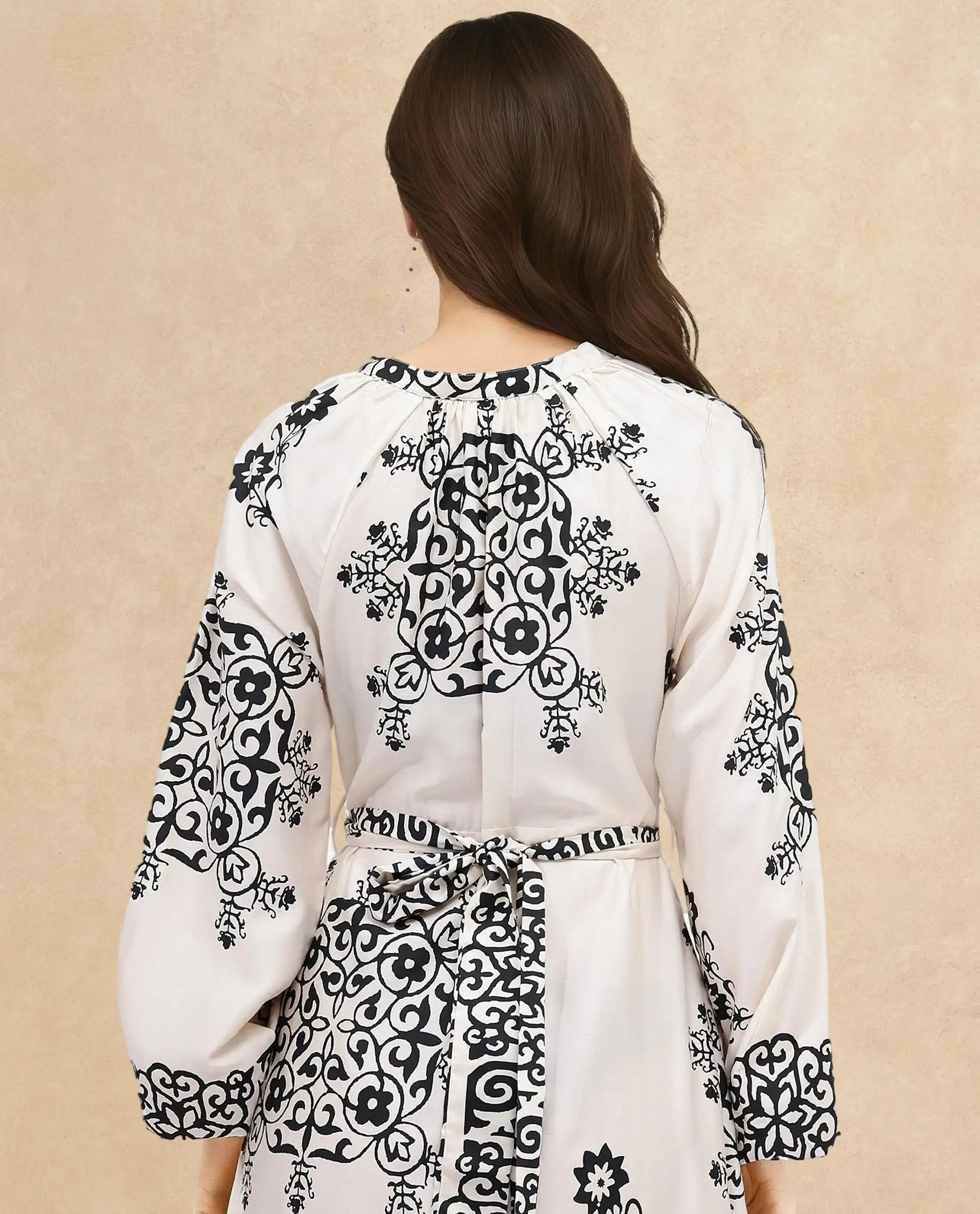 Rareism Women Myra Off White Cotton Fabric Full Sleeve V-Neck Floral Print A-Line Longline Dress