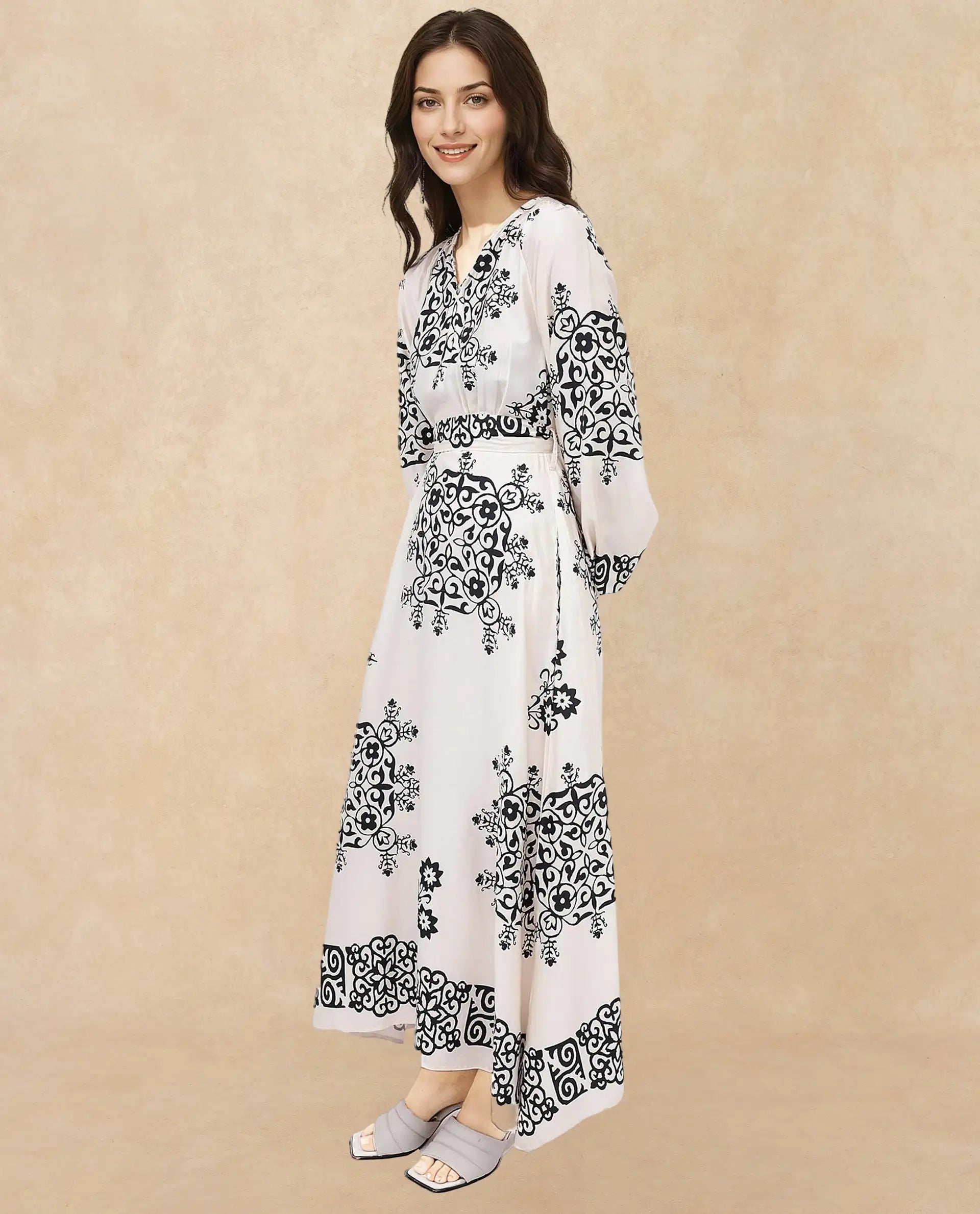 Rareism Women Myra Off White Cotton Fabric Full Sleeve V-Neck Floral Print A-Line Longline Dress