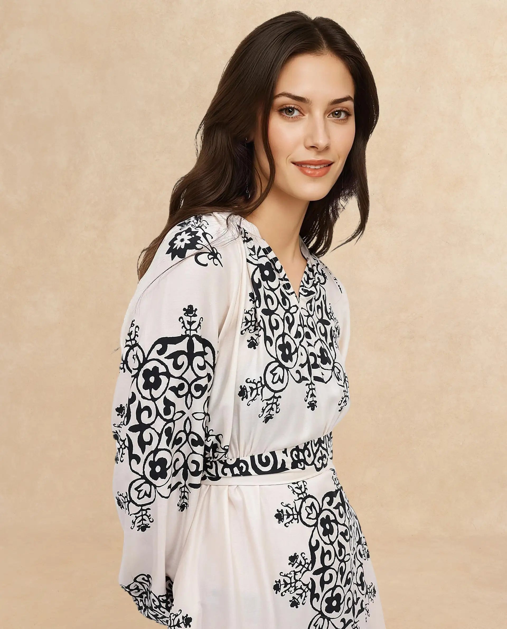 Rareism Women Myra Off White Cotton Fabric Full Sleeve V-Neck Floral Print A-Line Longline Dress
