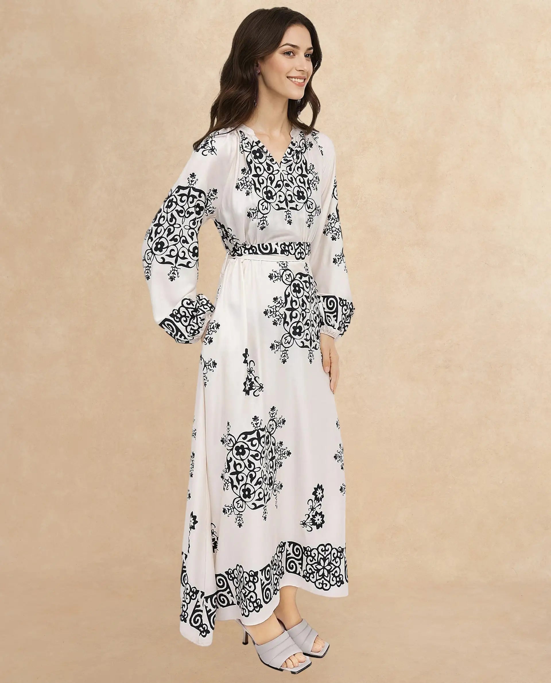 Rareism Women Myra Off White Cotton Fabric Full Sleeve V-Neck Floral Print A-Line Longline Dress