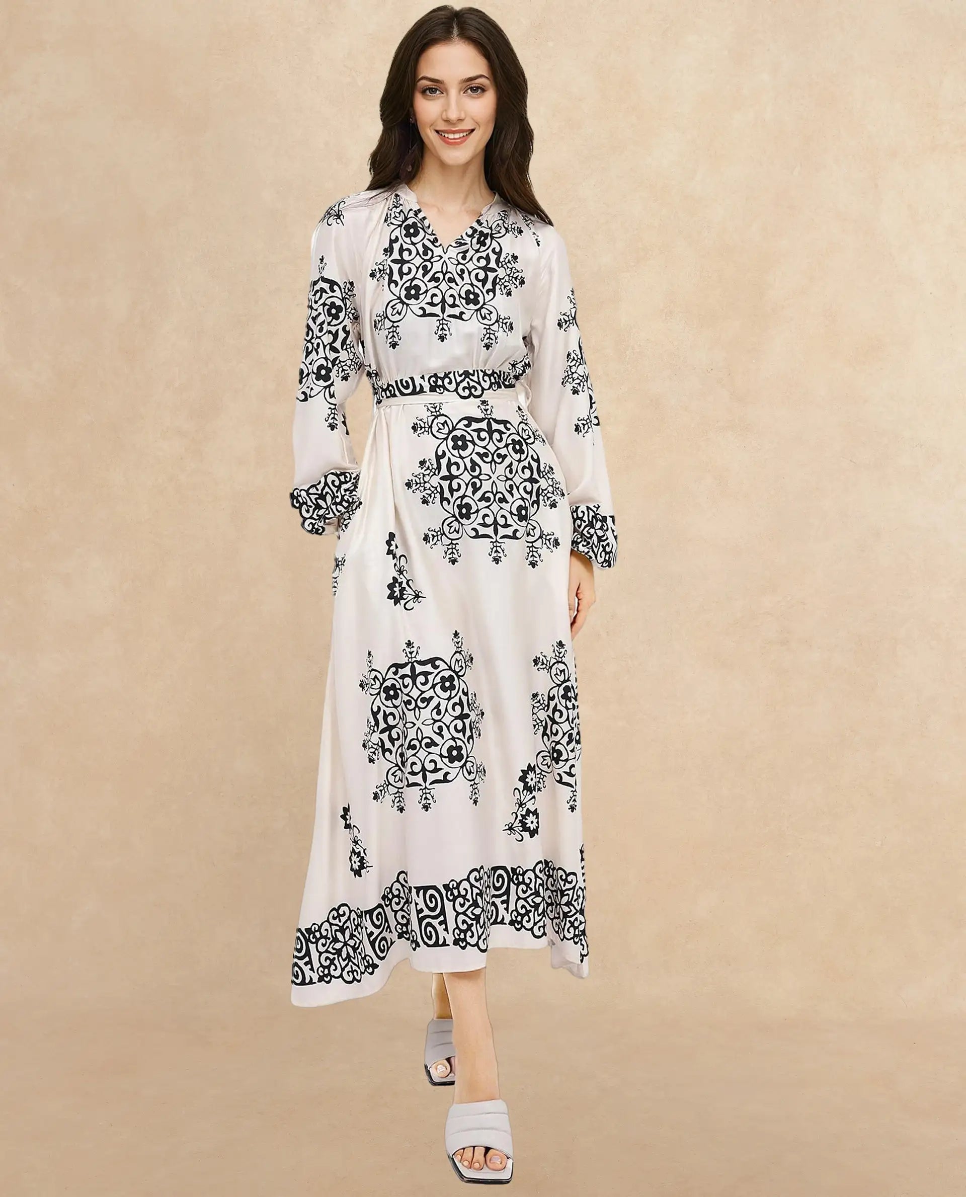 Rareism Women Myra Off White Cotton Fabric Full Sleeve V-Neck Floral Print A-Line Longline Dress