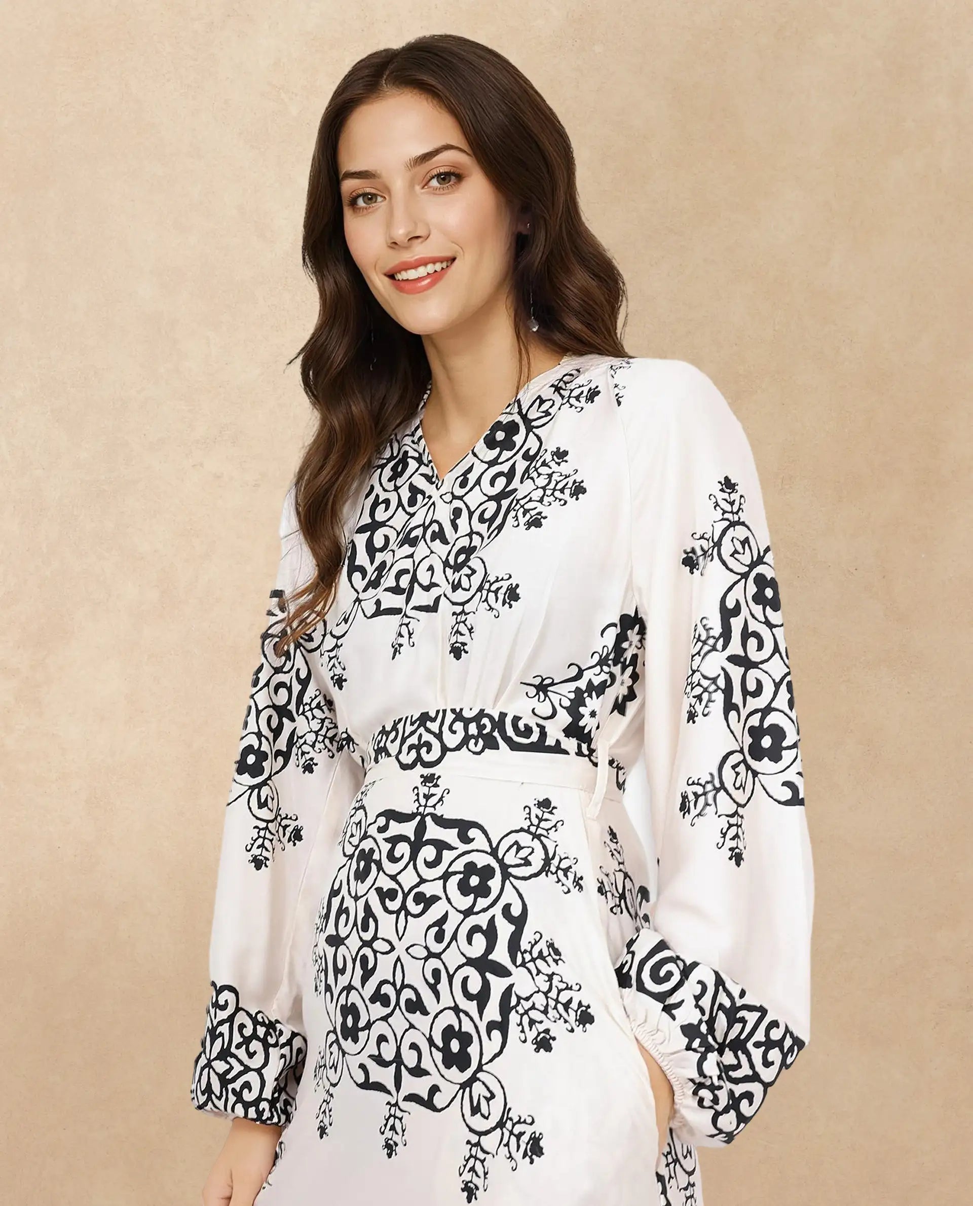 Rareism Women Myra Off White Cotton Fabric Full Sleeve V-Neck Floral Print A-Line Longline Dress