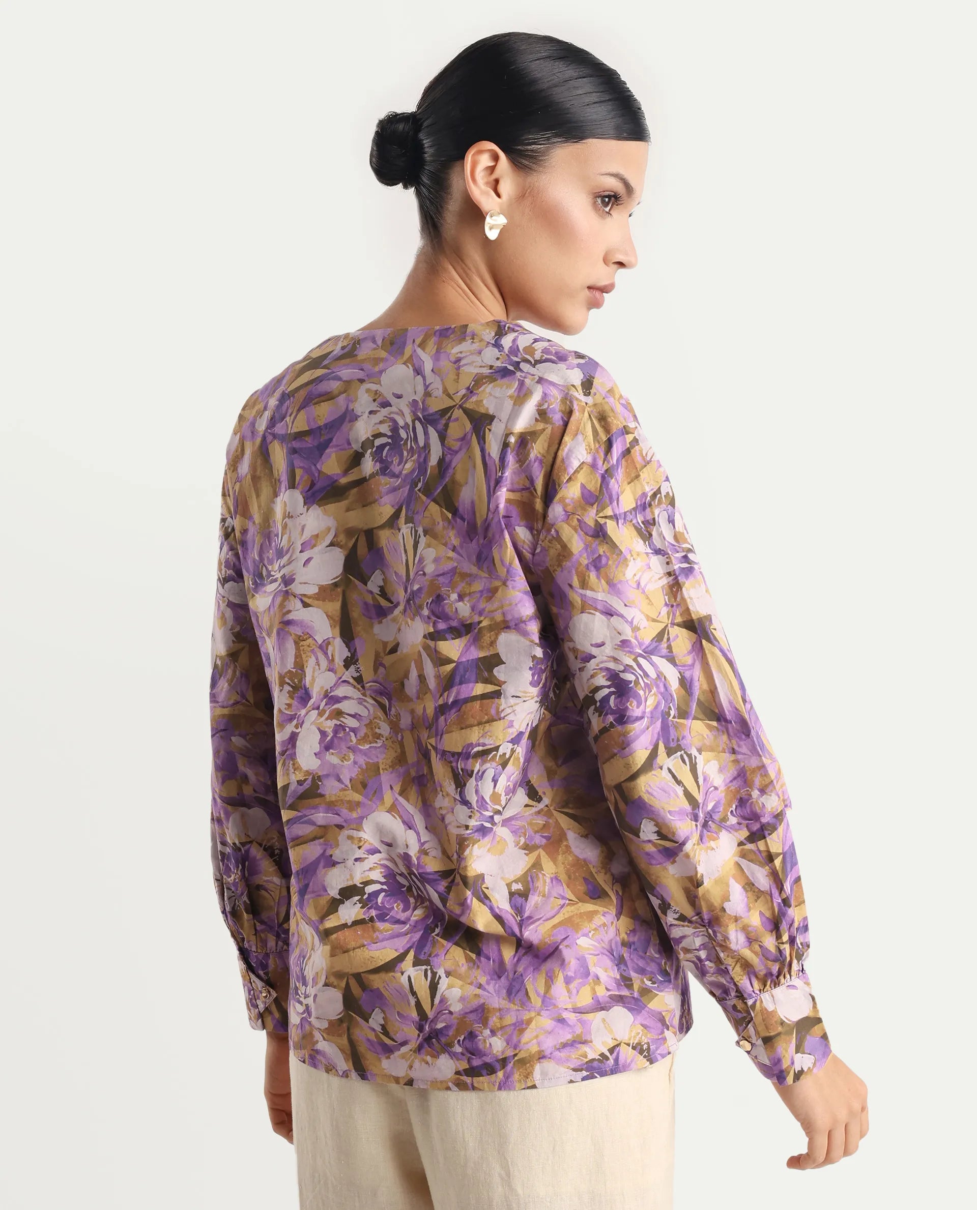 Rareism Women's Myrtong Multi Cotton Crew Neck Floral Print Cuffed Sleeve Regular Fit Top