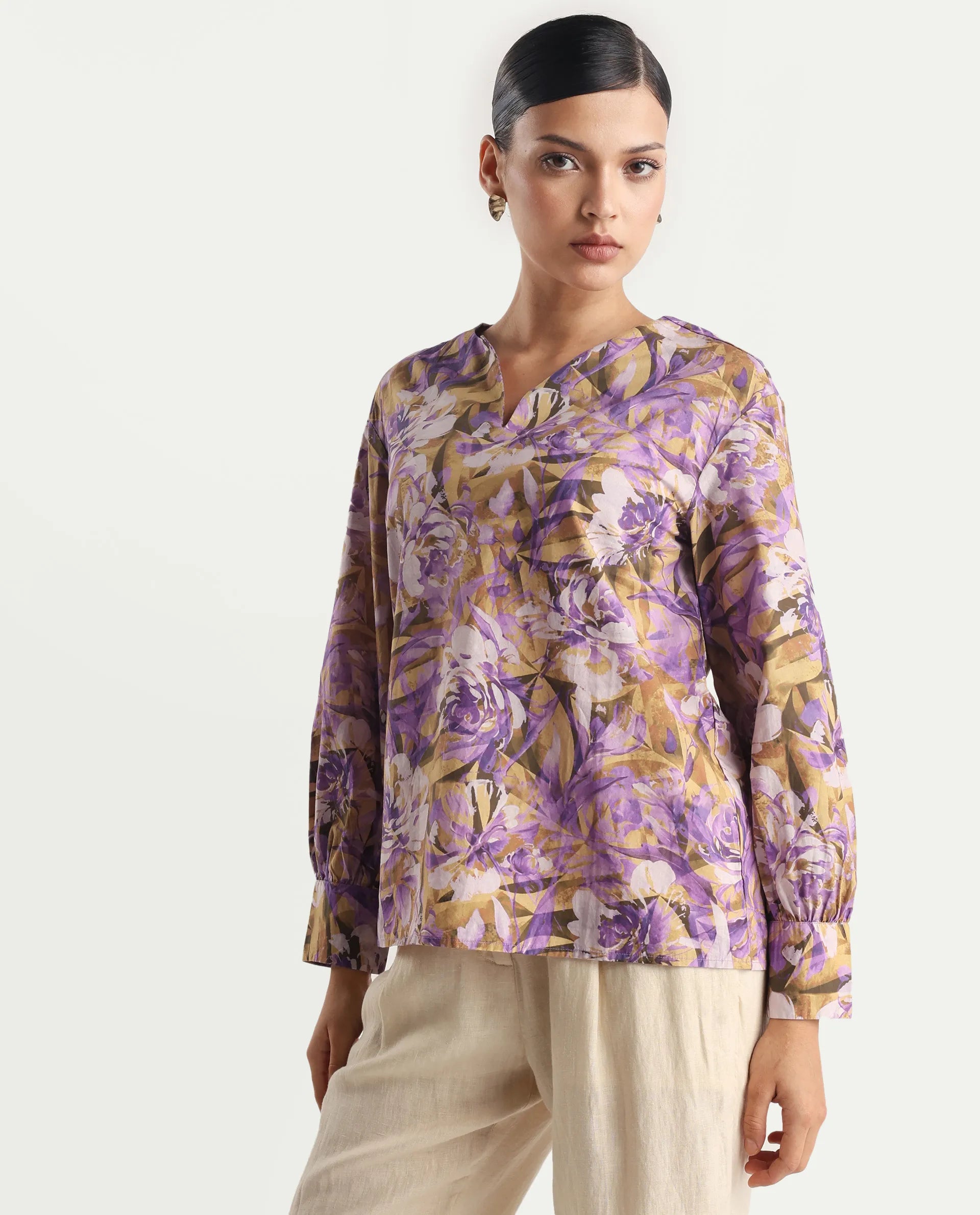 Rareism Women's Myrtong Multi Cotton Crew Neck Floral Print Cuffed Sleeve Regular Fit Top