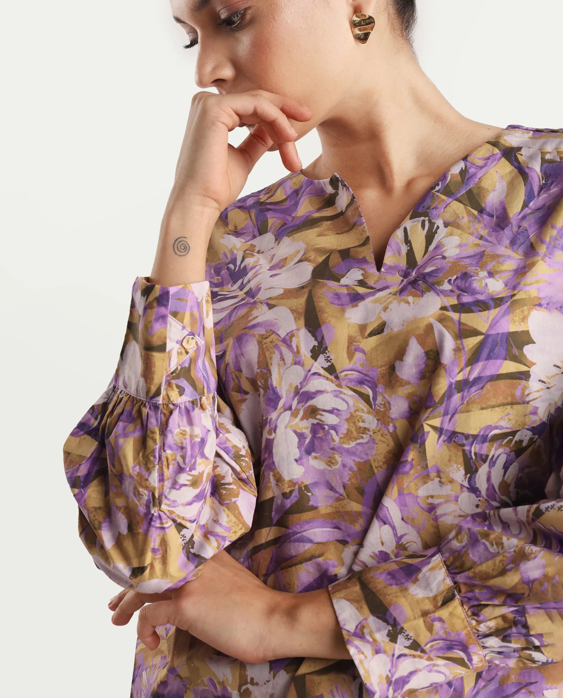 Rareism Women's Myrtong Multi Cotton Crew Neck Floral Print Cuffed Sleeve Regular Fit Top