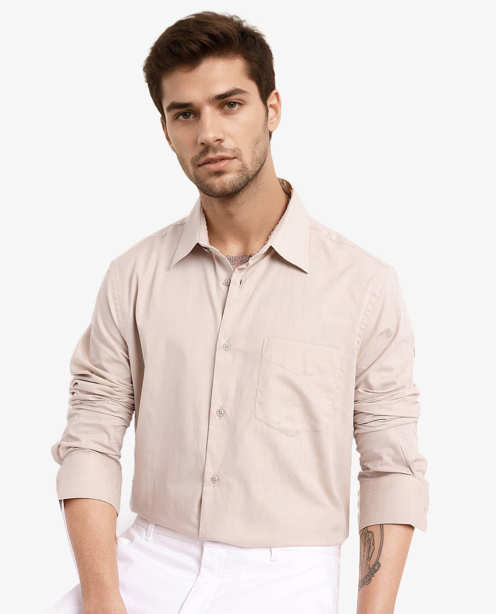 Rare Rabbit Men's Myte Beige Cotton Fabric Full Sleeve Regular Fit Self Check Dobby Shirt