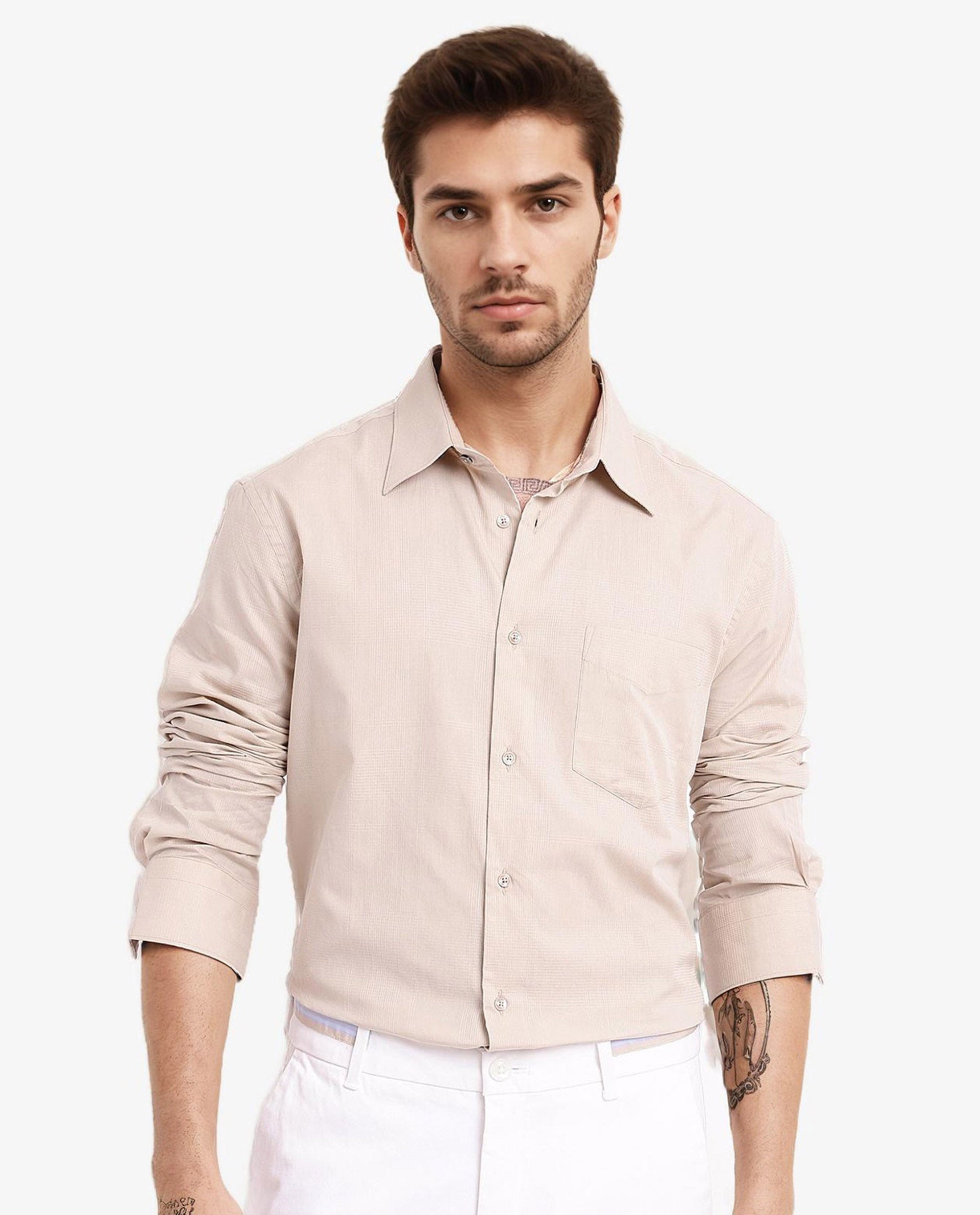 Rare Rabbit Men's Myte Beige Cotton Fabric Full Sleeve Regular Fit Self Check Dobby Shirt