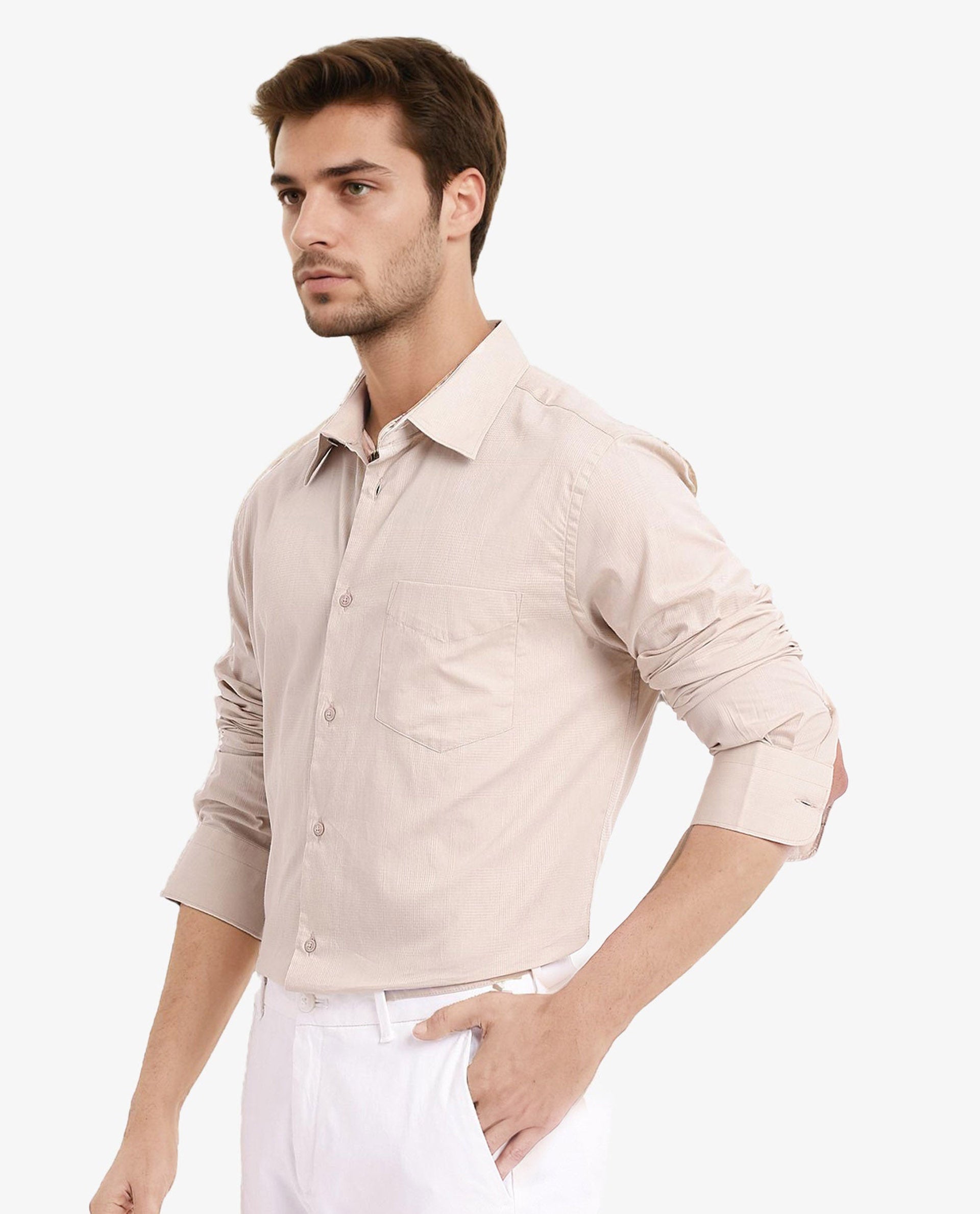 Rare Rabbit Men's Myte Beige Cotton Fabric Full Sleeve Regular Fit Self Check Dobby Shirt