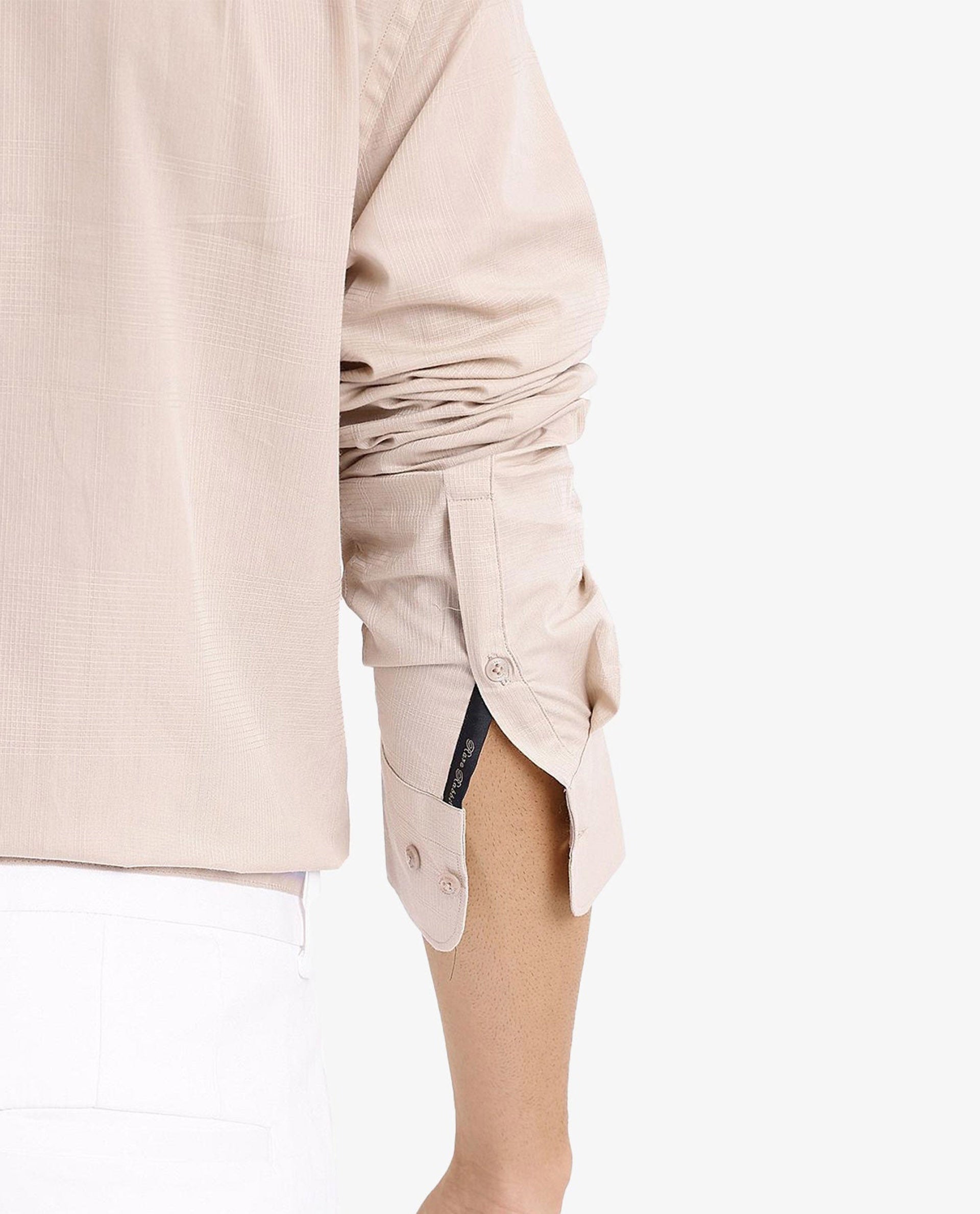 Rare Rabbit Men's Myte Beige Cotton Fabric Full Sleeve Regular Fit Self Check Dobby Shirt