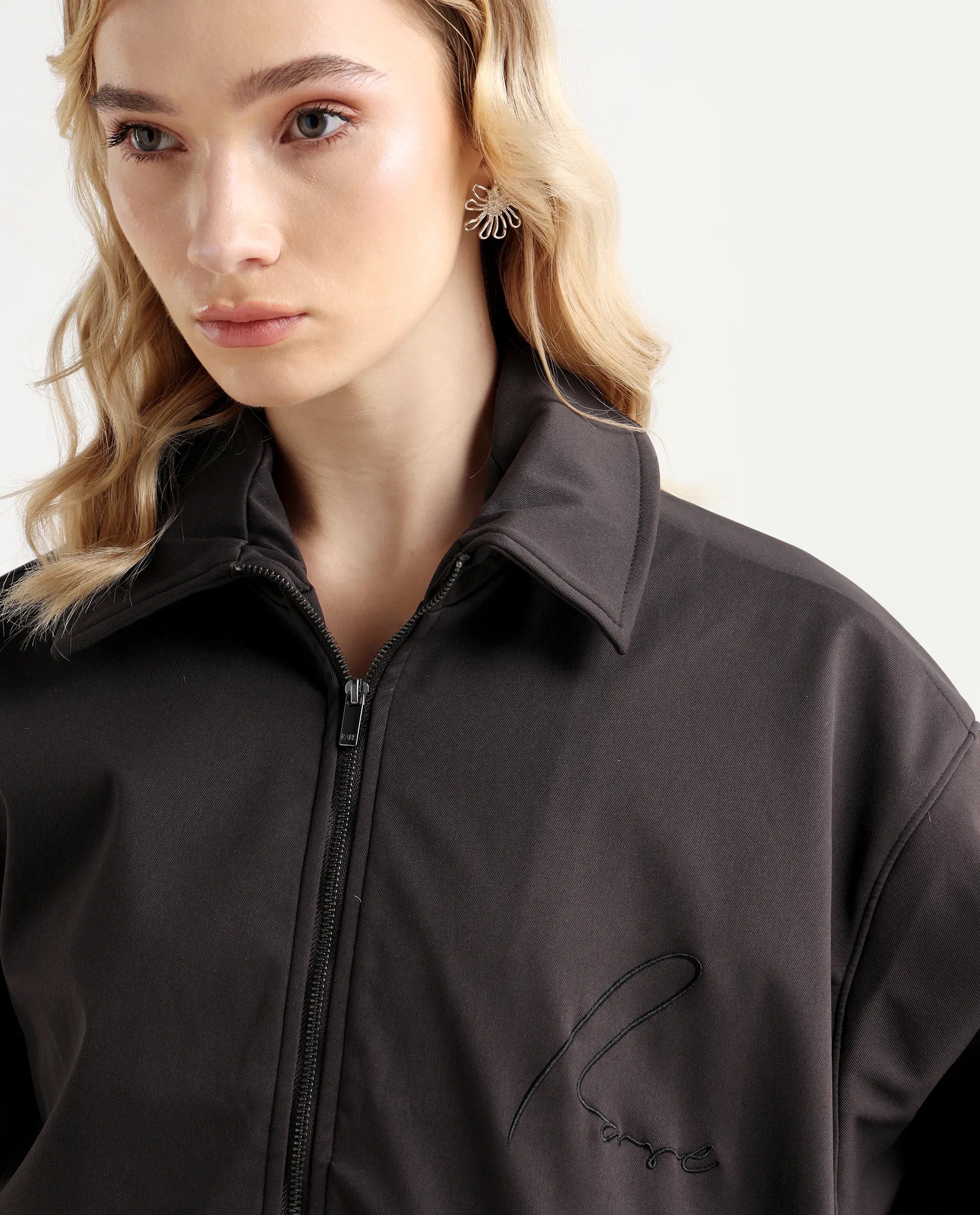 Rareism Women's Nacam Dark Grey Polyester Collared Neck Relaxed Plain Jacket