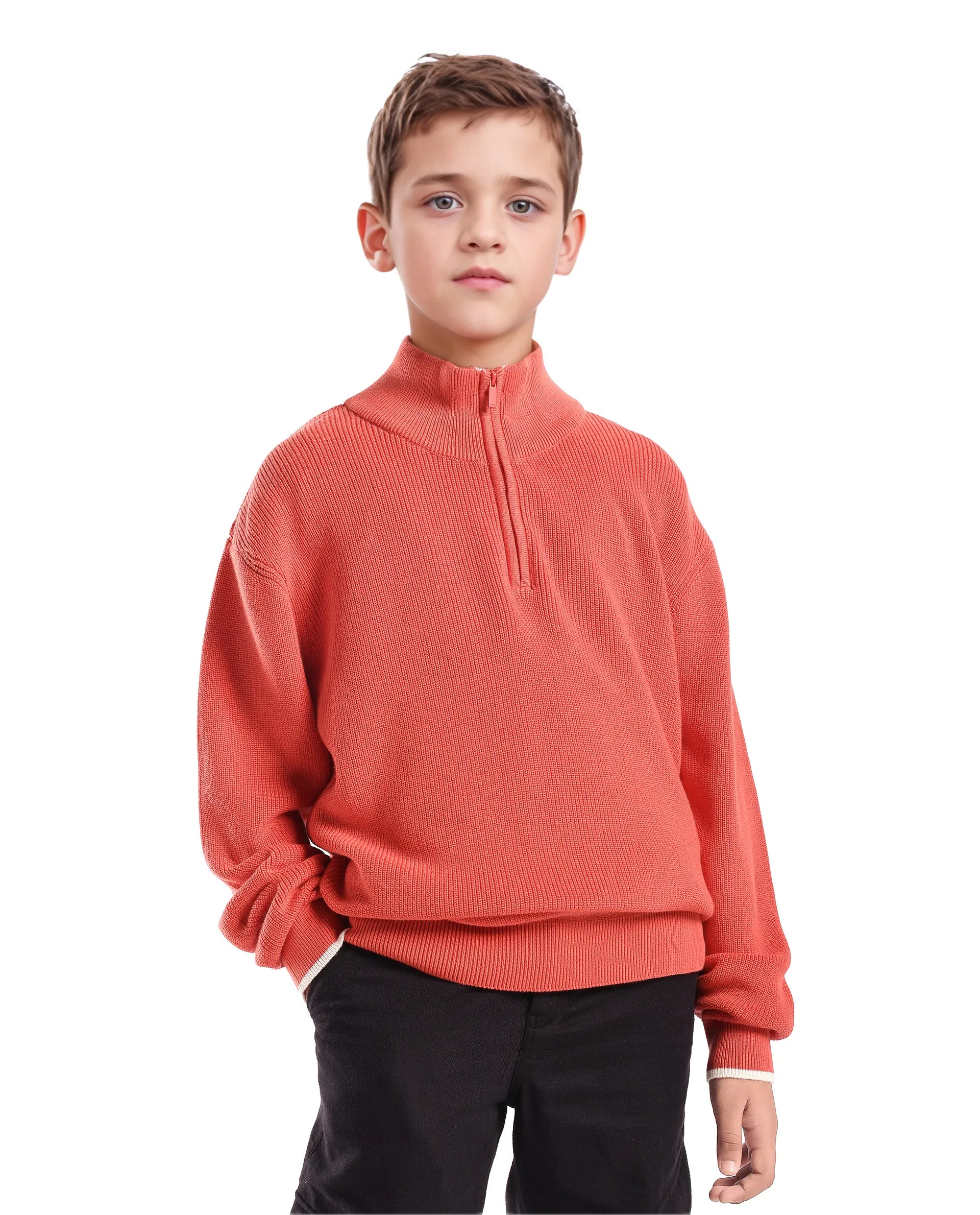 Rare Ones Kids Nack Dusky Orange Cotton Solid Zipper Closure Regular Fit Sweater