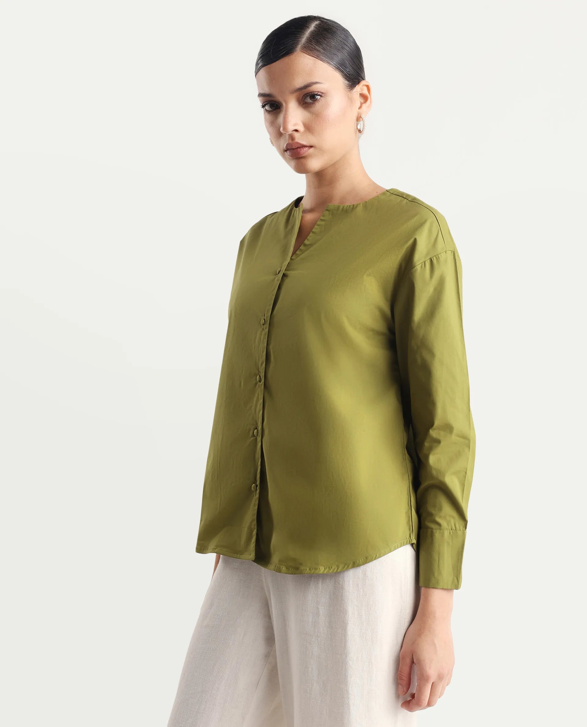 Rareism Women's Nagoya Green Cotton Blend Crew Neck Plain Cuffed Sleeve Regular Fit Top