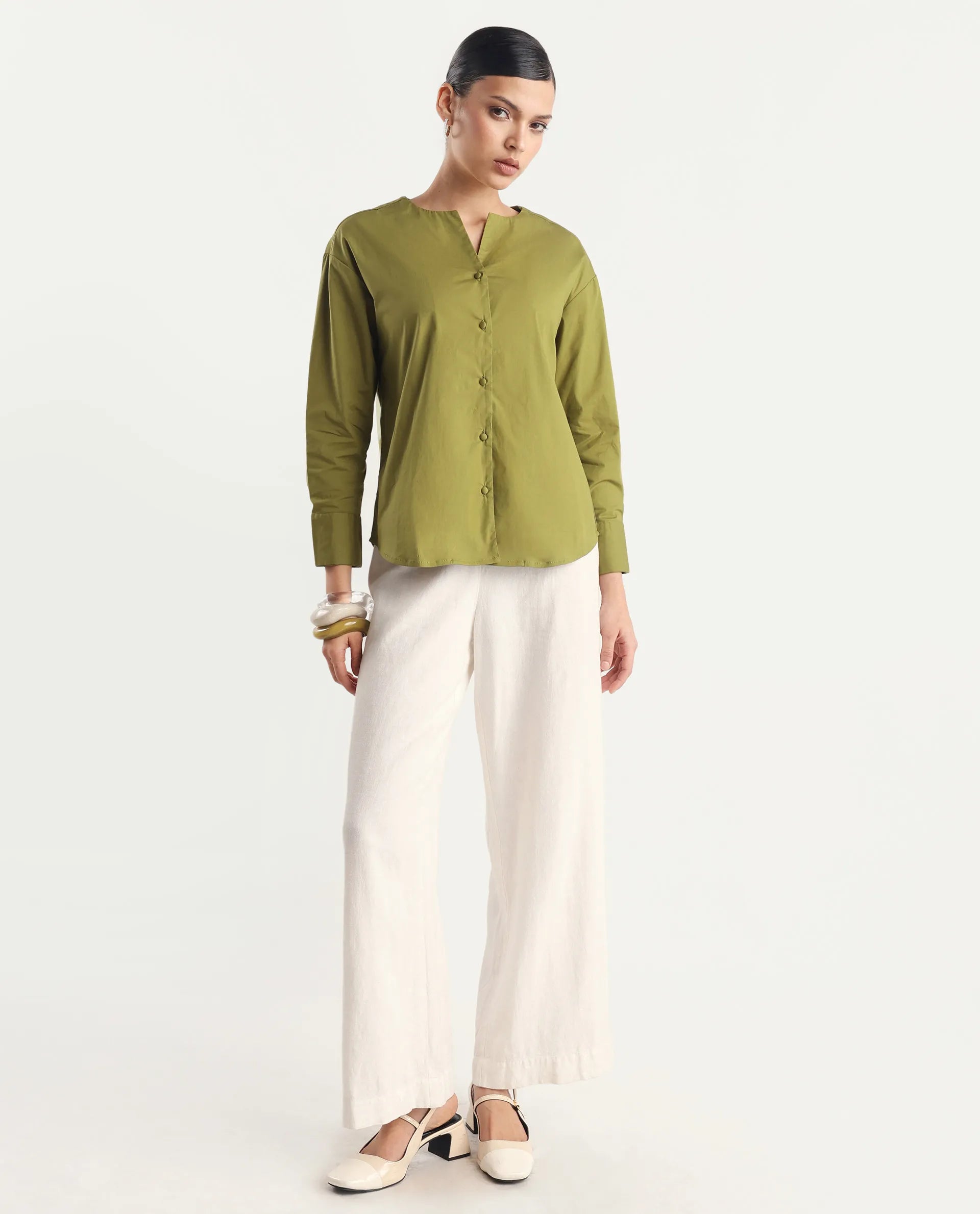 Rareism Women's Nagoya Green Cotton Blend Crew Neck Plain Cuffed Sleeve Regular Fit Top