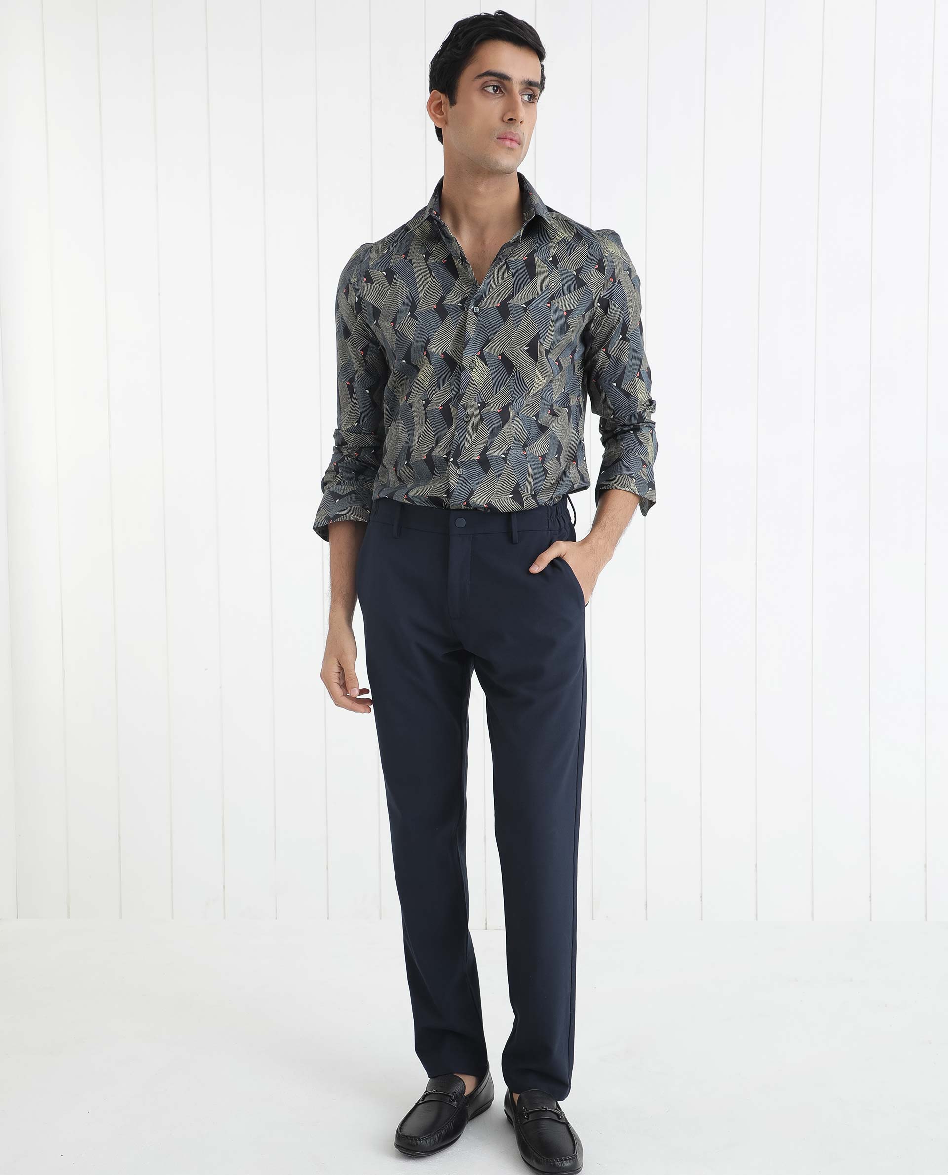 Rare Rabbit Men's Nant Black Cotton Viscose Fabric Geometric Print Full Sleeves Shirt