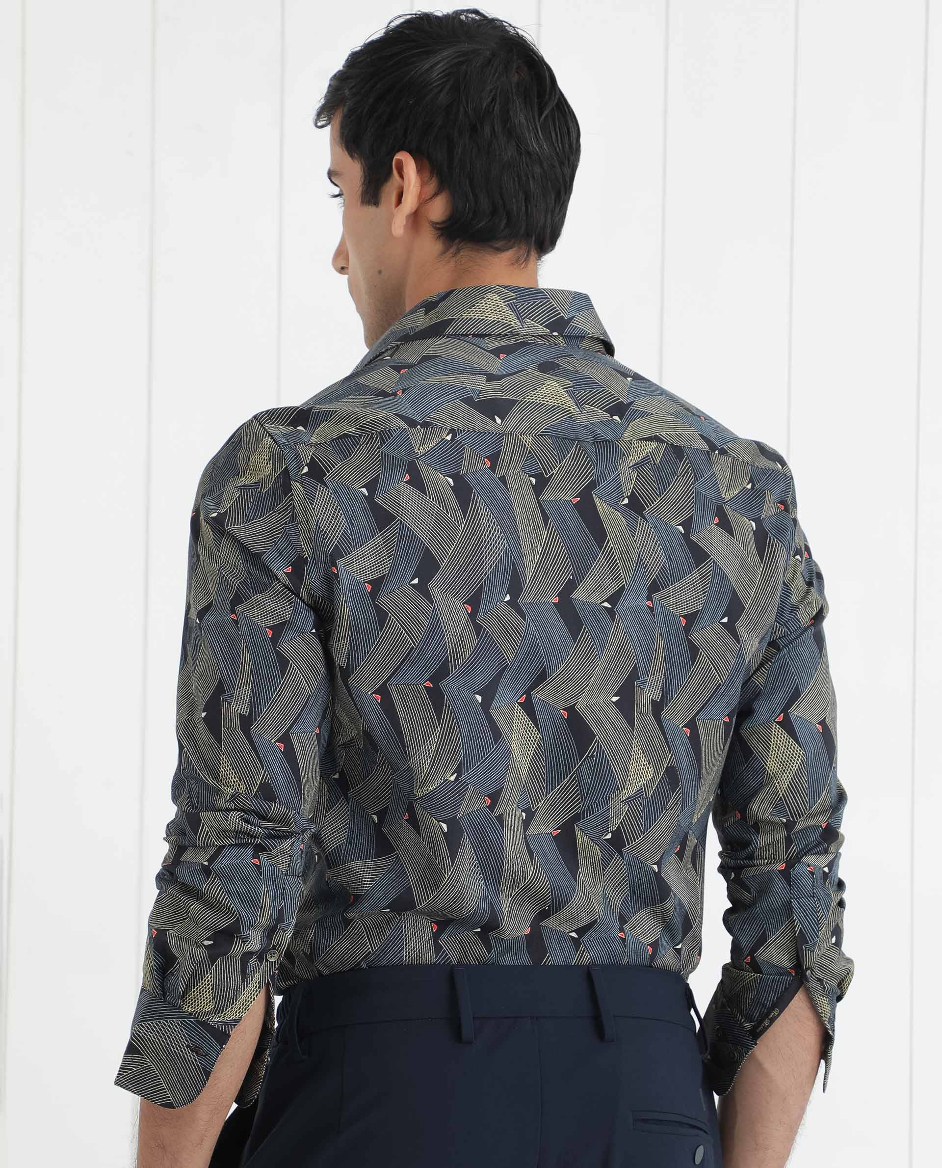 Rare Rabbit Men's Nant Black Cotton Viscose Fabric Geometric Print Full Sleeves Shirt