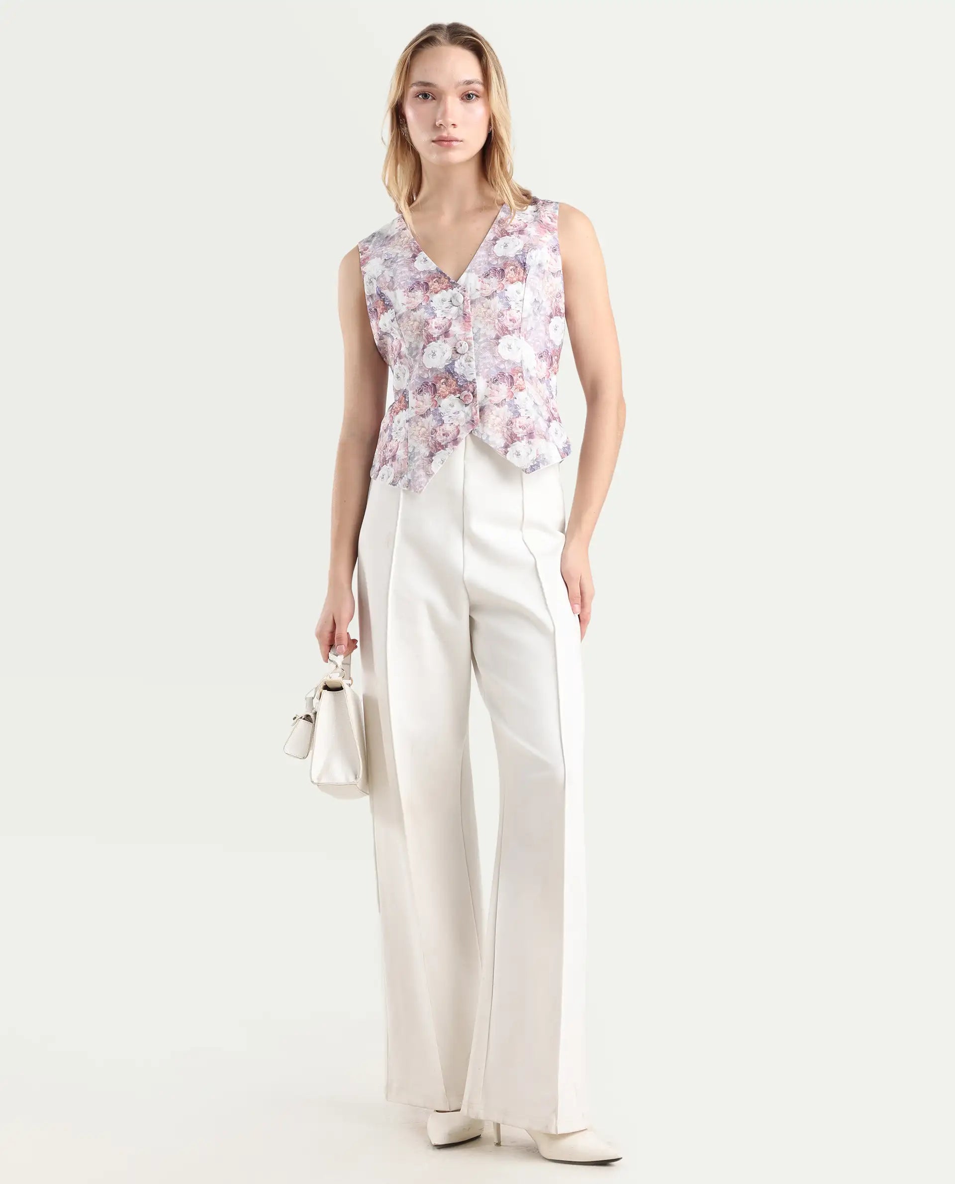 Rareism Women's Nantes Light Multi Cotton V-Neck Floral Print Sleeveless Regular Fitted Top