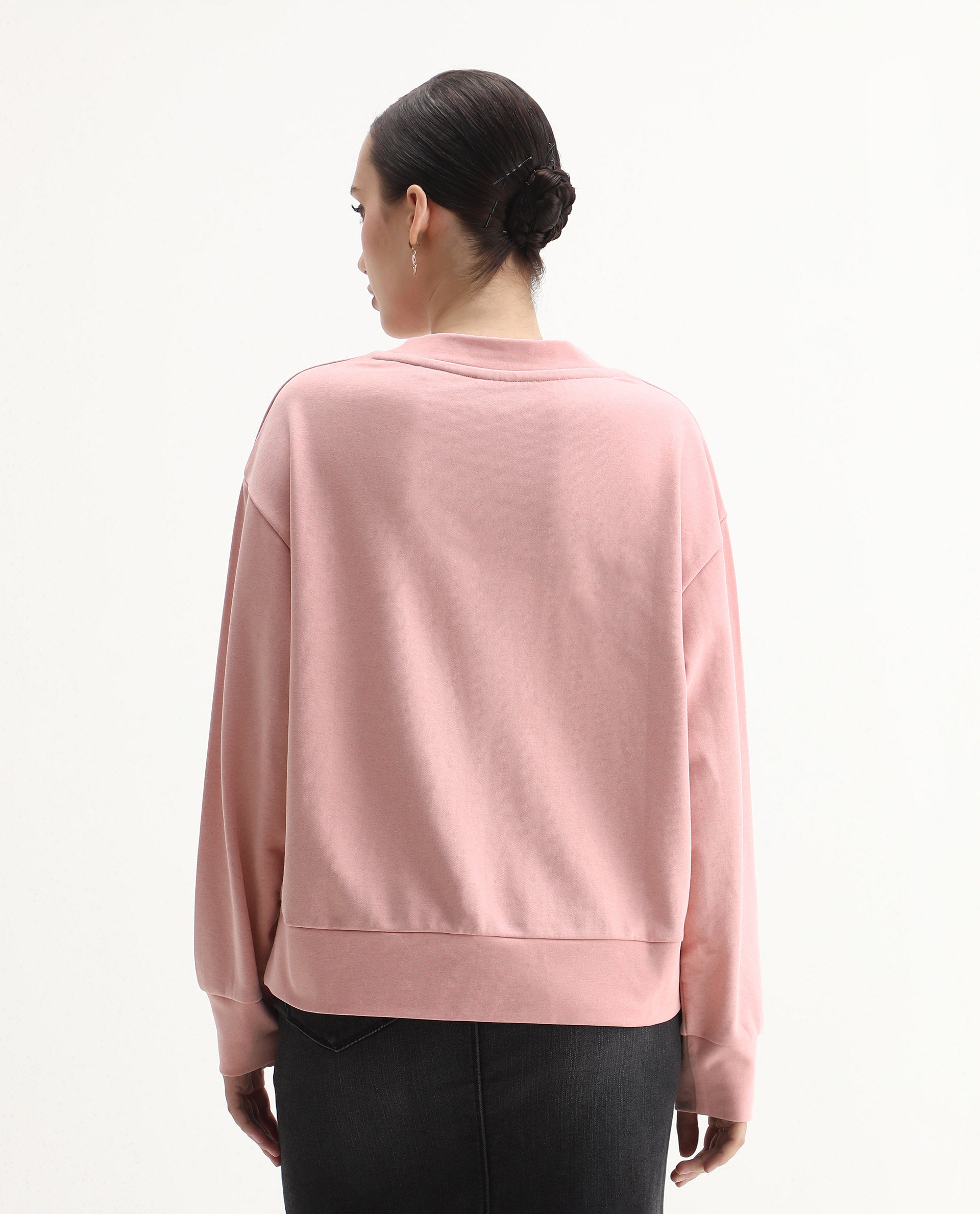 Rareism Women's Naq Light Pink Cotton Blend Crew Neck Relaxed Fit Graphic Print Sweatshirt