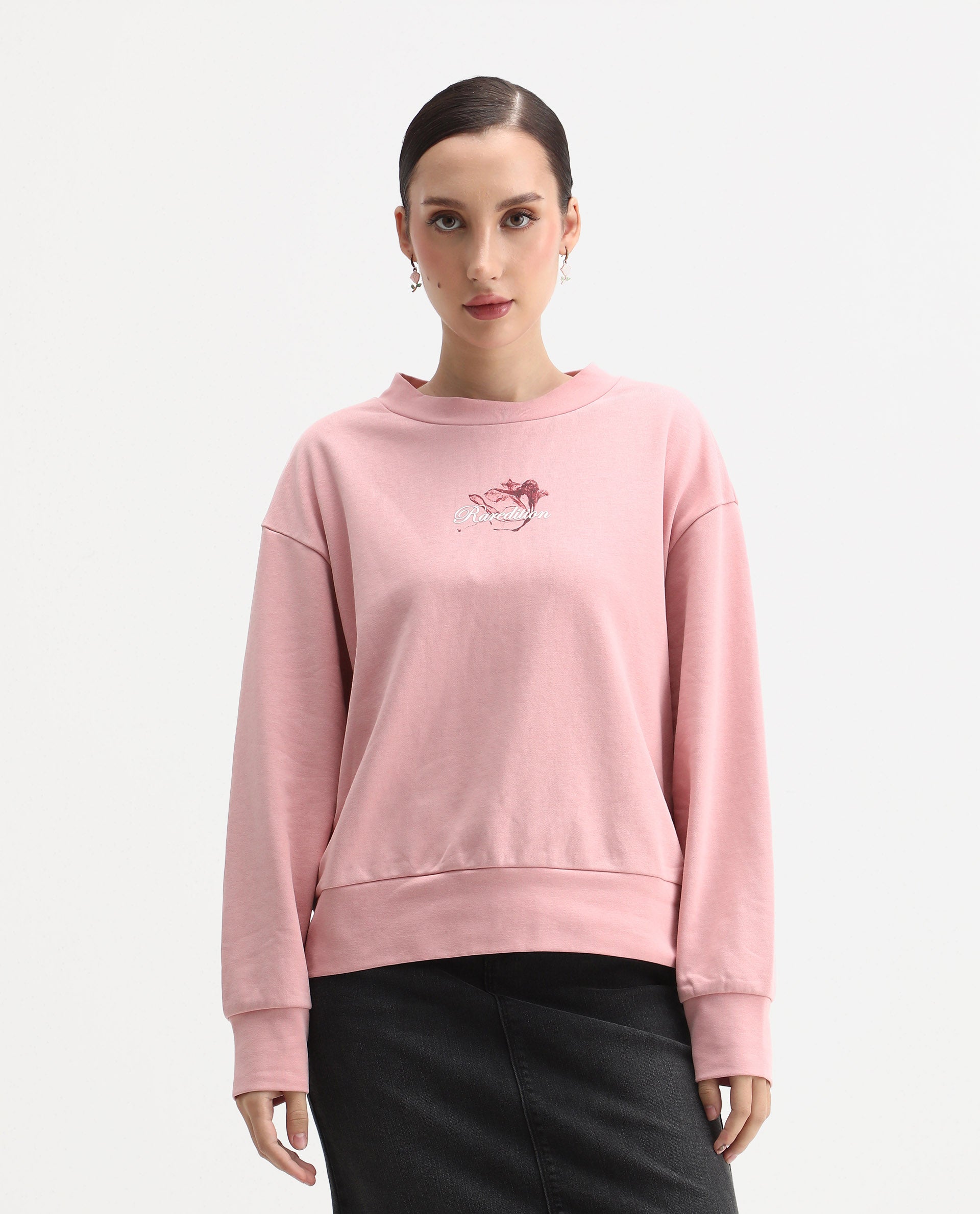 Rareism Women's Naq Light Pink Cotton Blend Crew Neck Relaxed Fit Graphic Print Sweatshirt