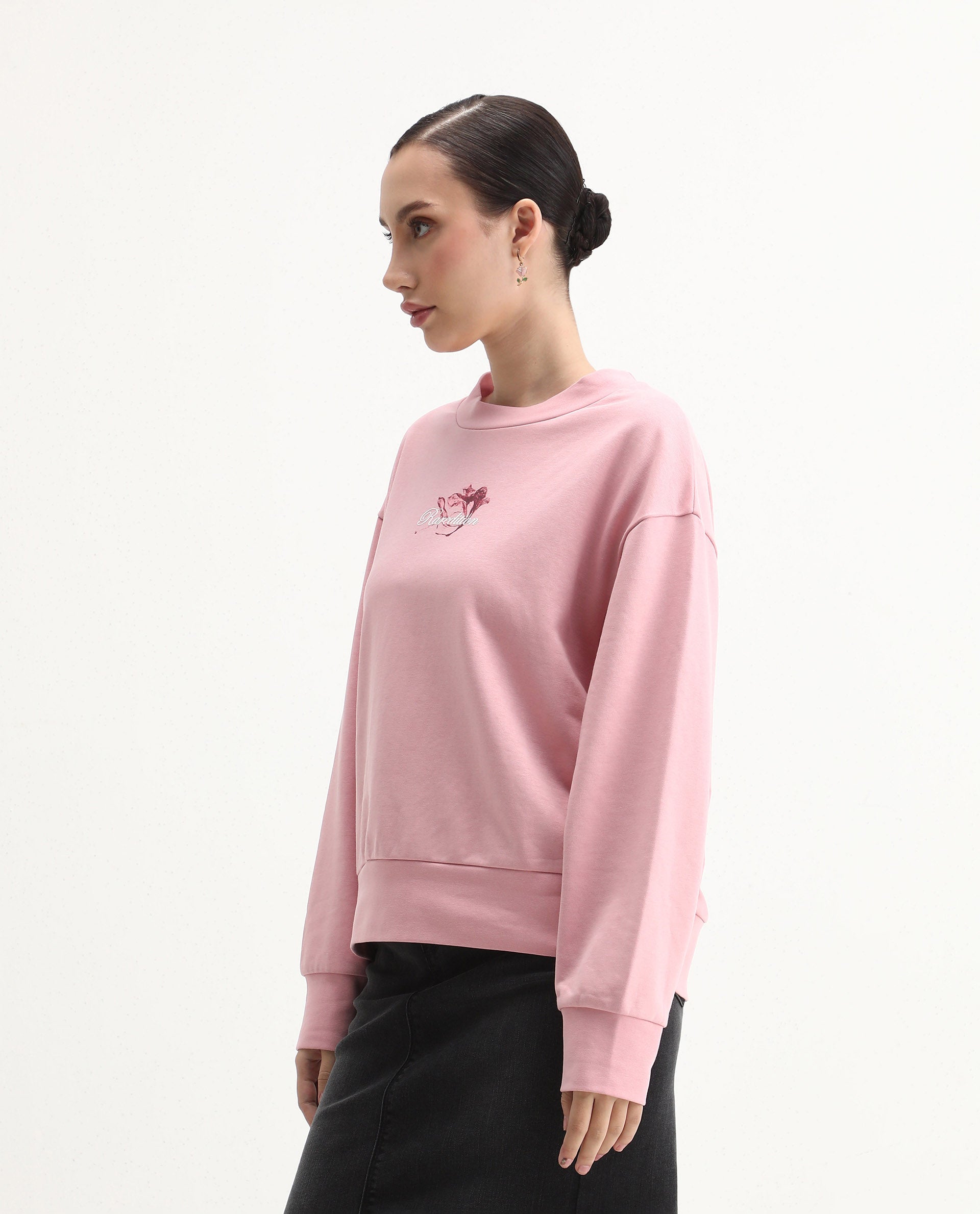 Rareism Women's Naq Light Pink Cotton Blend Crew Neck Relaxed Fit Graphic Print Sweatshirt