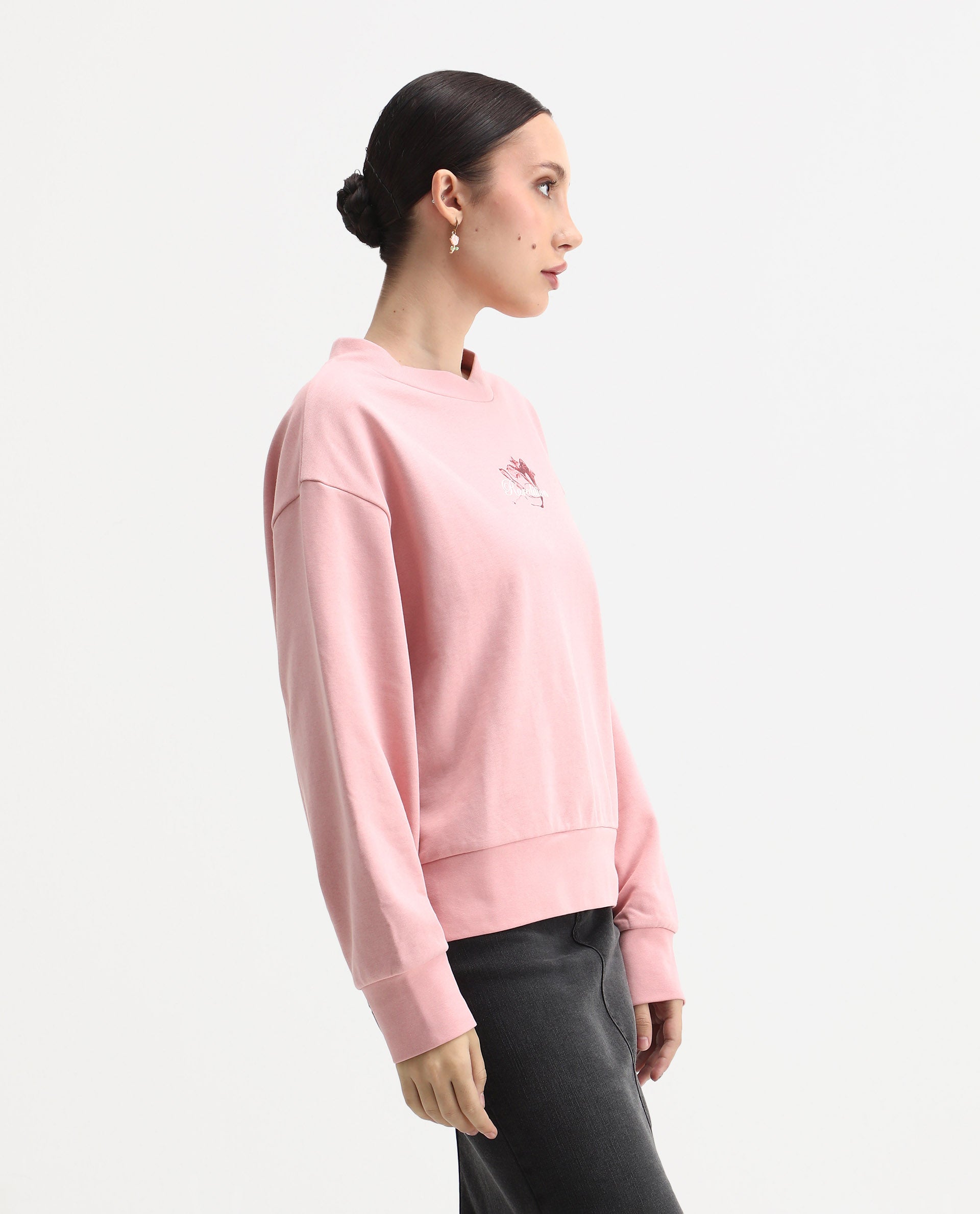 Rareism Women's Naq Light Pink Cotton Blend Crew Neck Relaxed Fit Graphic Print Sweatshirt