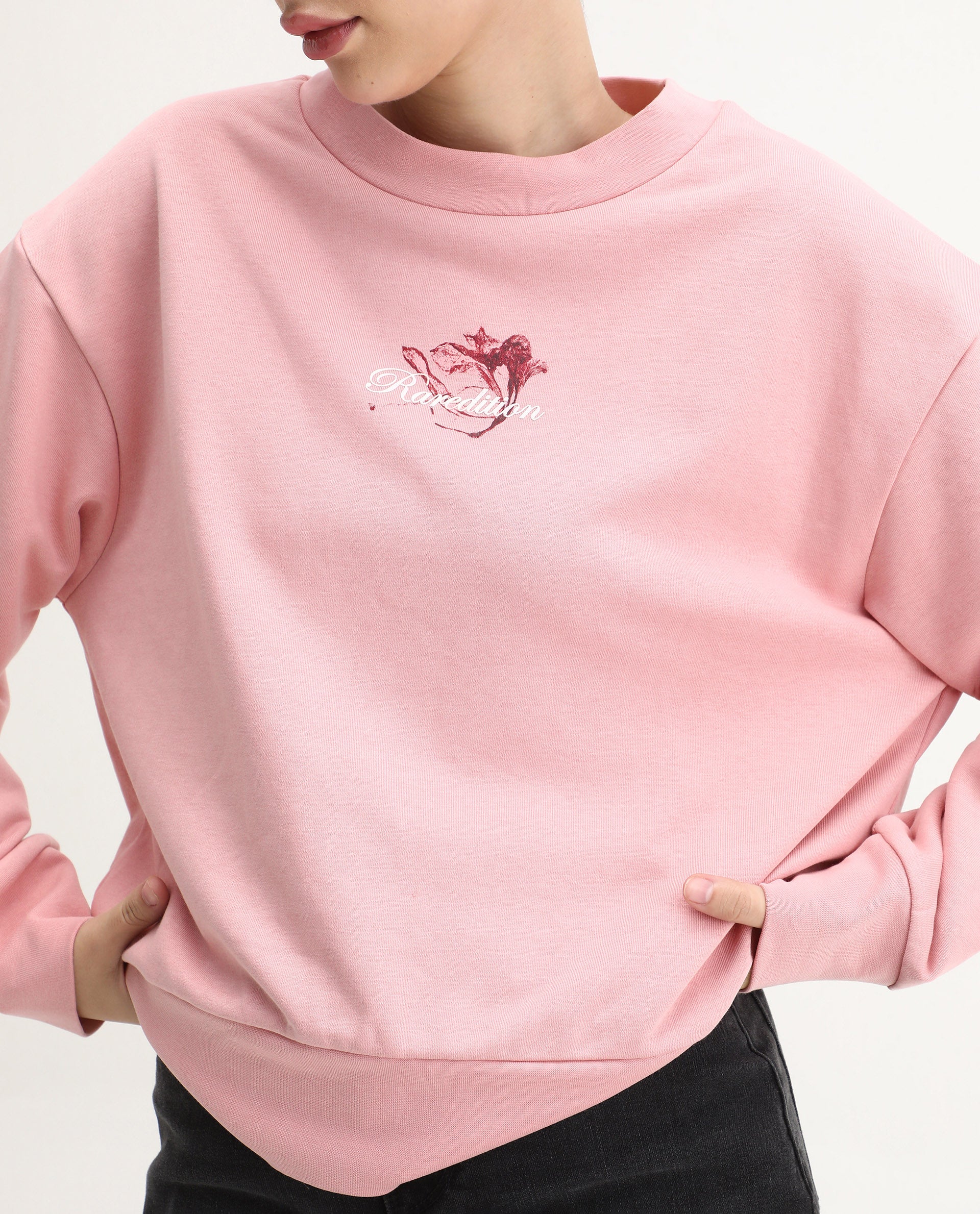 Rareism Women's Naq Light Pink Cotton Blend Crew Neck Relaxed Fit Graphic Print Sweatshirt