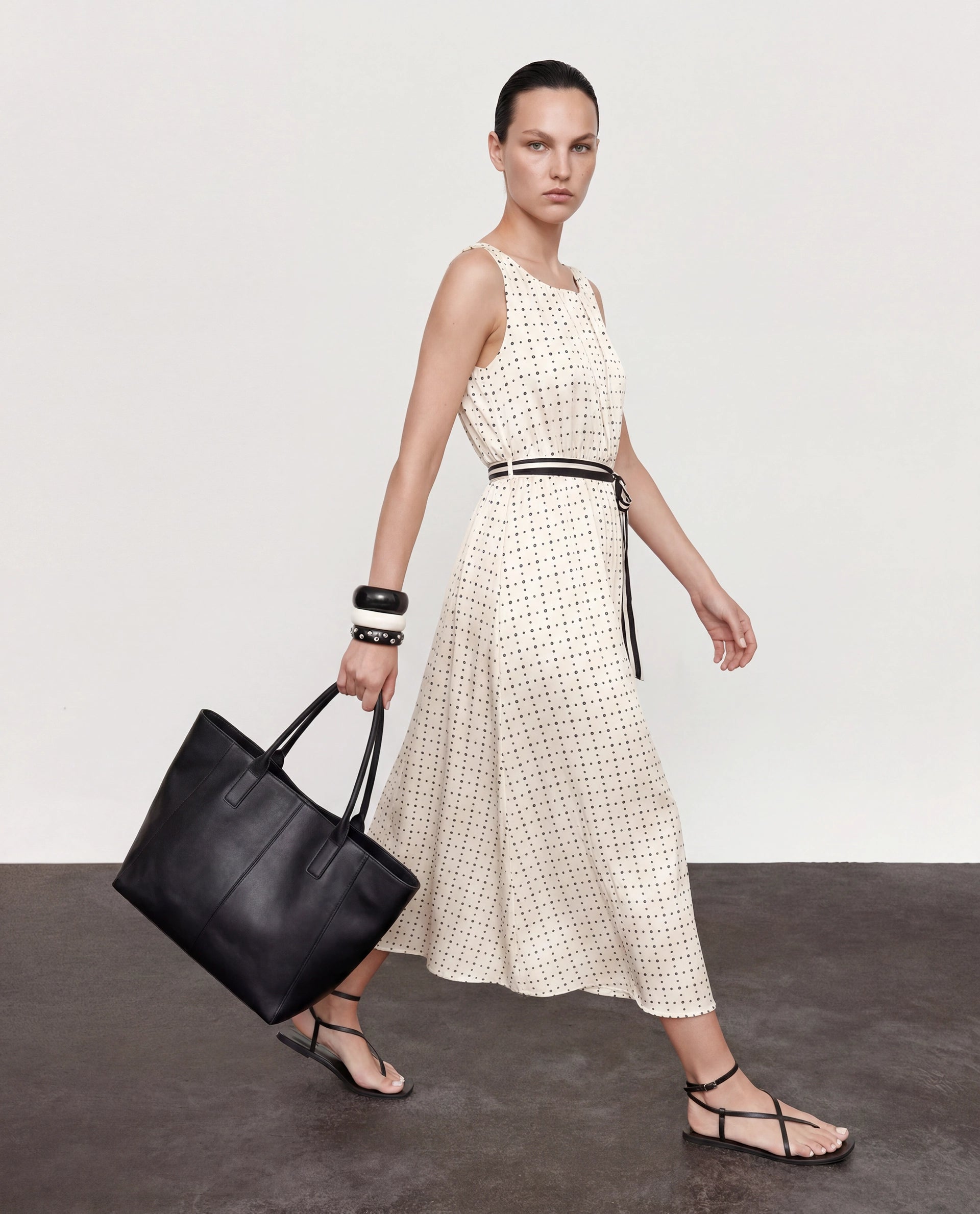 Rareism Women's Narcissa Beige Polyester Boat Neck Polka Print Sleeveless Knee Length Regular Fit Dress