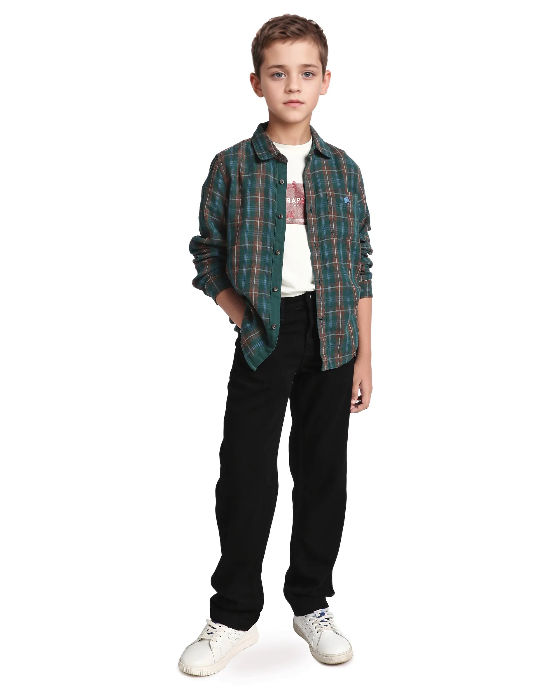 Rare Ones Kids Nash Dark Green Cotton Checked Button Closure Regular Fit Shirt