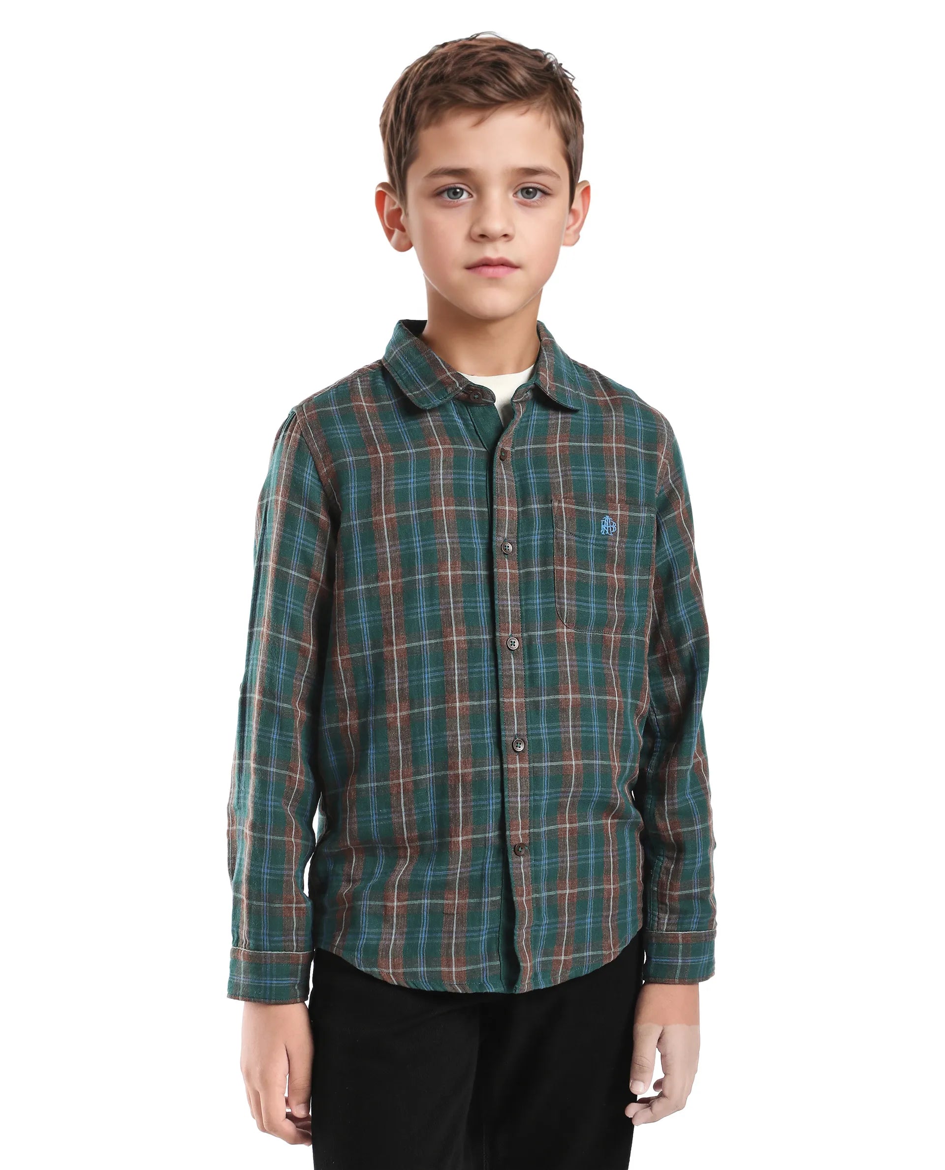 Rare Ones Kids Nash Dark Green Cotton Checked Button Closure Regular Fit Shirt