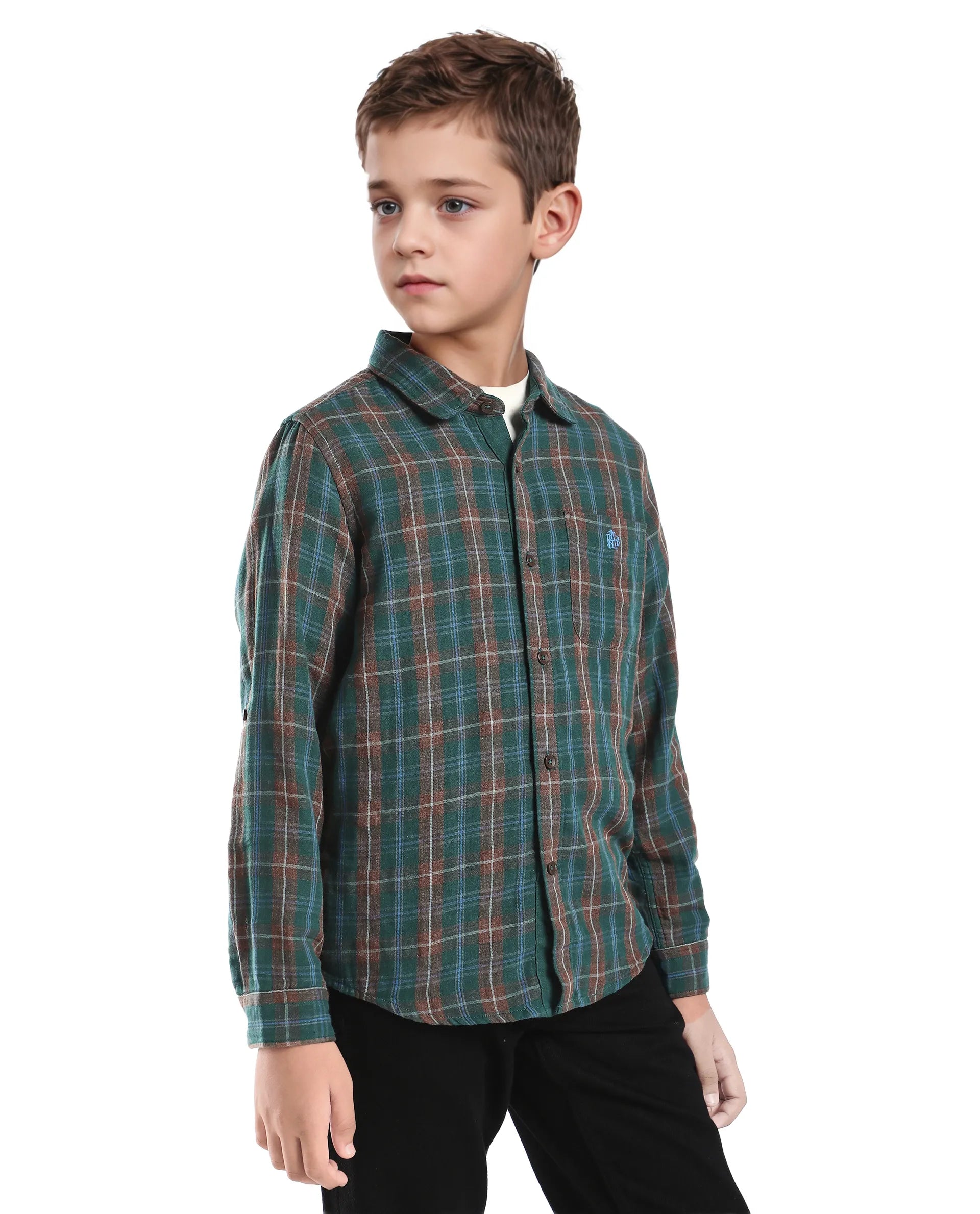 Rare Ones Kids Nash Dark Green Cotton Checked Button Closure Regular Fit Shirt