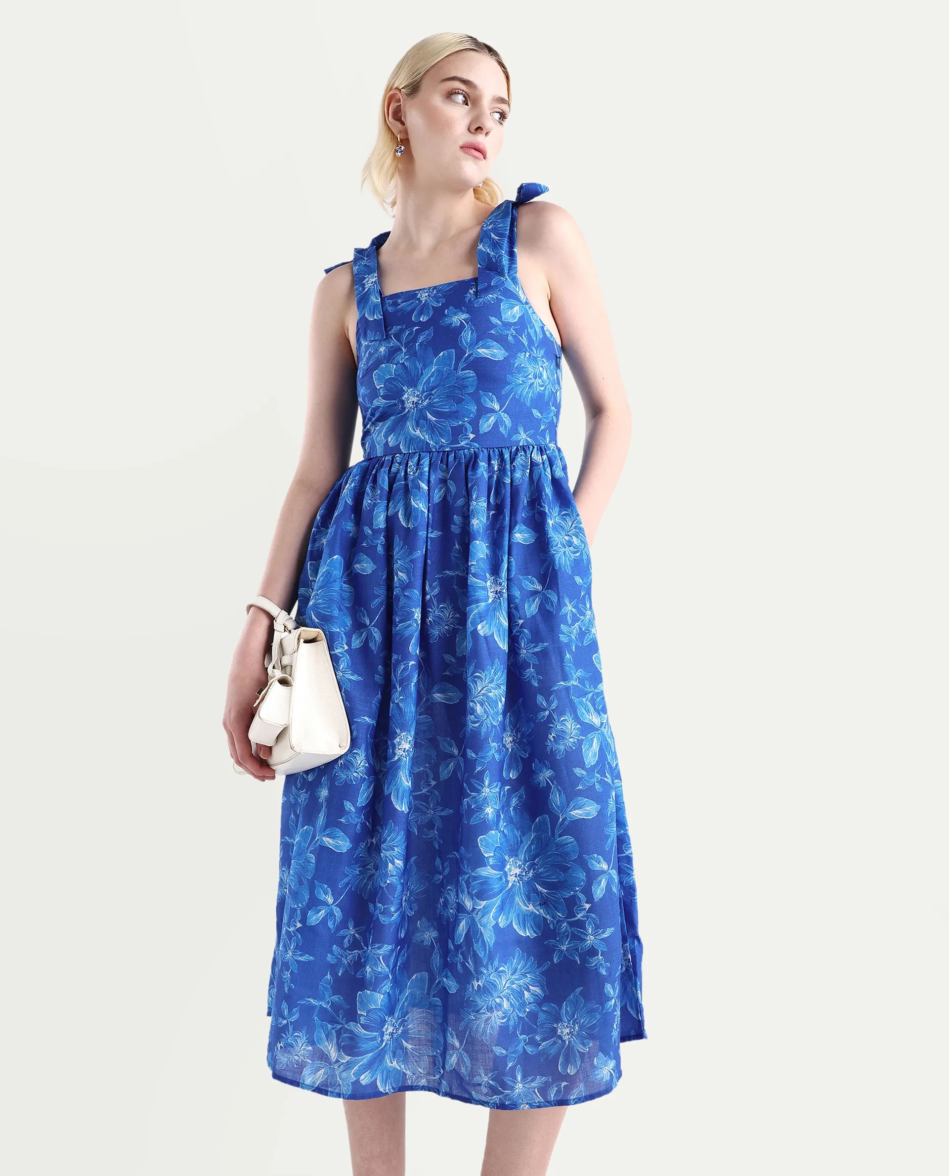 Rareism Women's Natsuki Blue Linen Shoulder Strap Floral Print Shoulder Strap Midi Fit And Flare Dress
