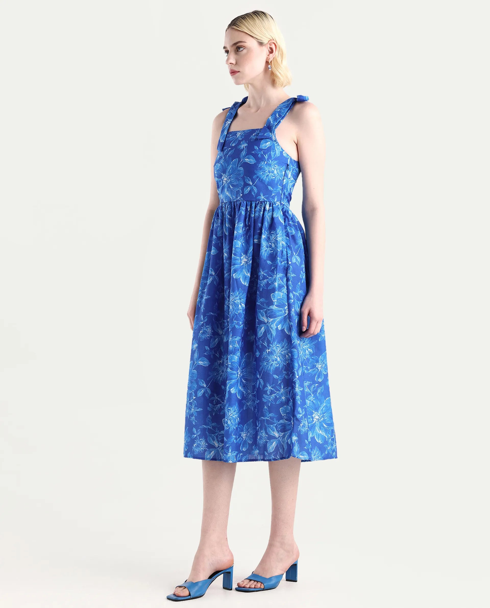 Rareism Women's Natsuki Blue Linen Shoulder Strap Floral Print Shoulder Strap Midi Fit And Flare Dress
