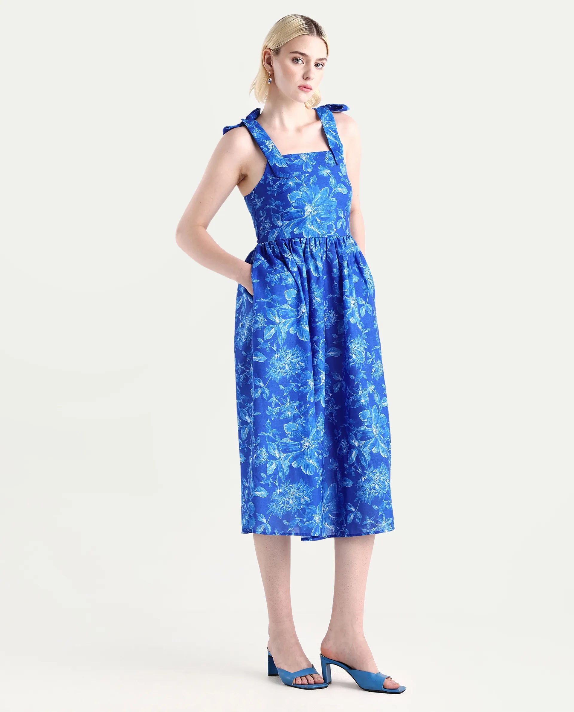 Rareism Women's Natsuki Blue Linen Shoulder Strap Floral Print Shoulder Strap Midi Fit And Flare Dress