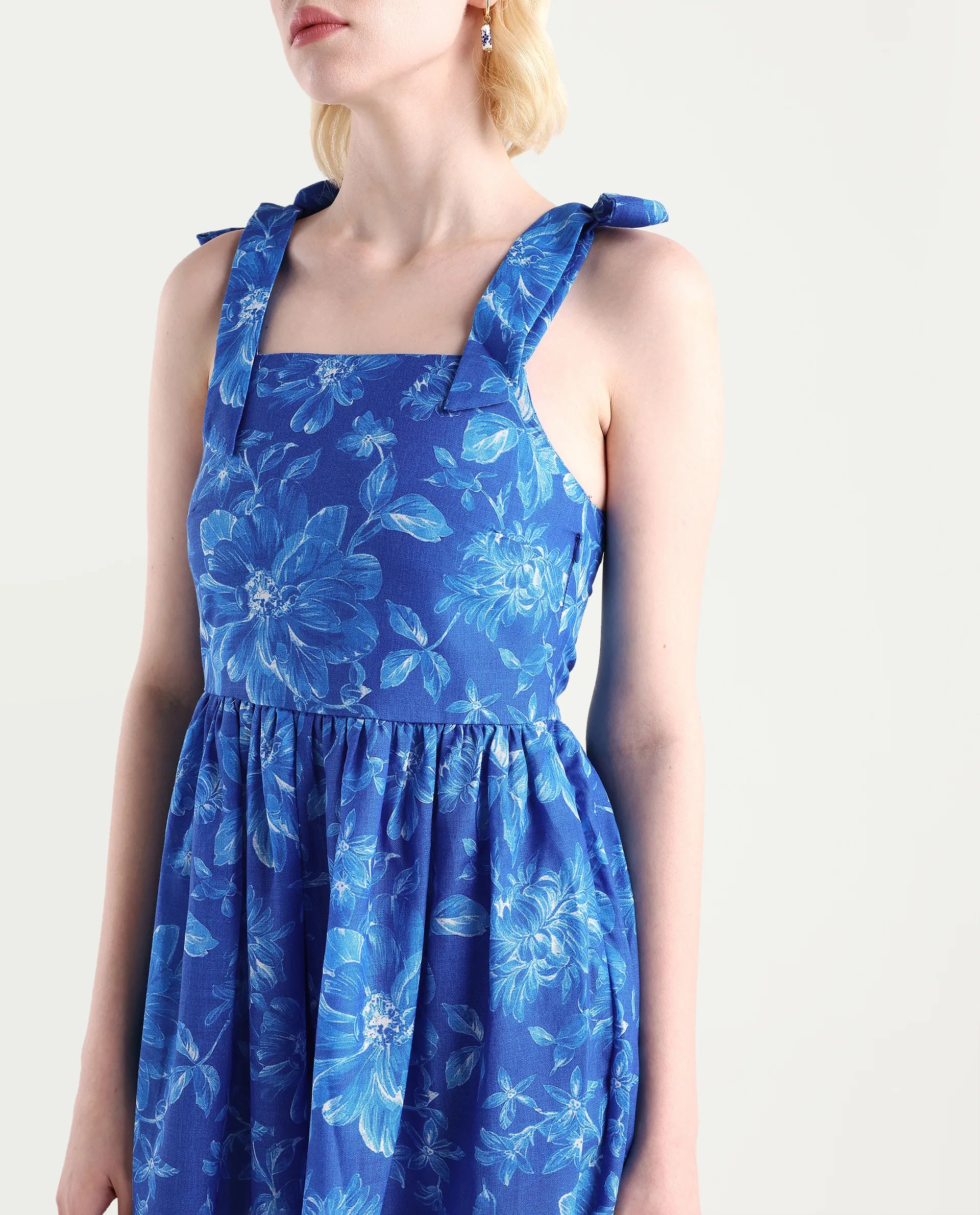 Rareism Women's Natsuki Blue Linen Shoulder Strap Floral Print Shoulder Strap Midi Fit And Flare Dress