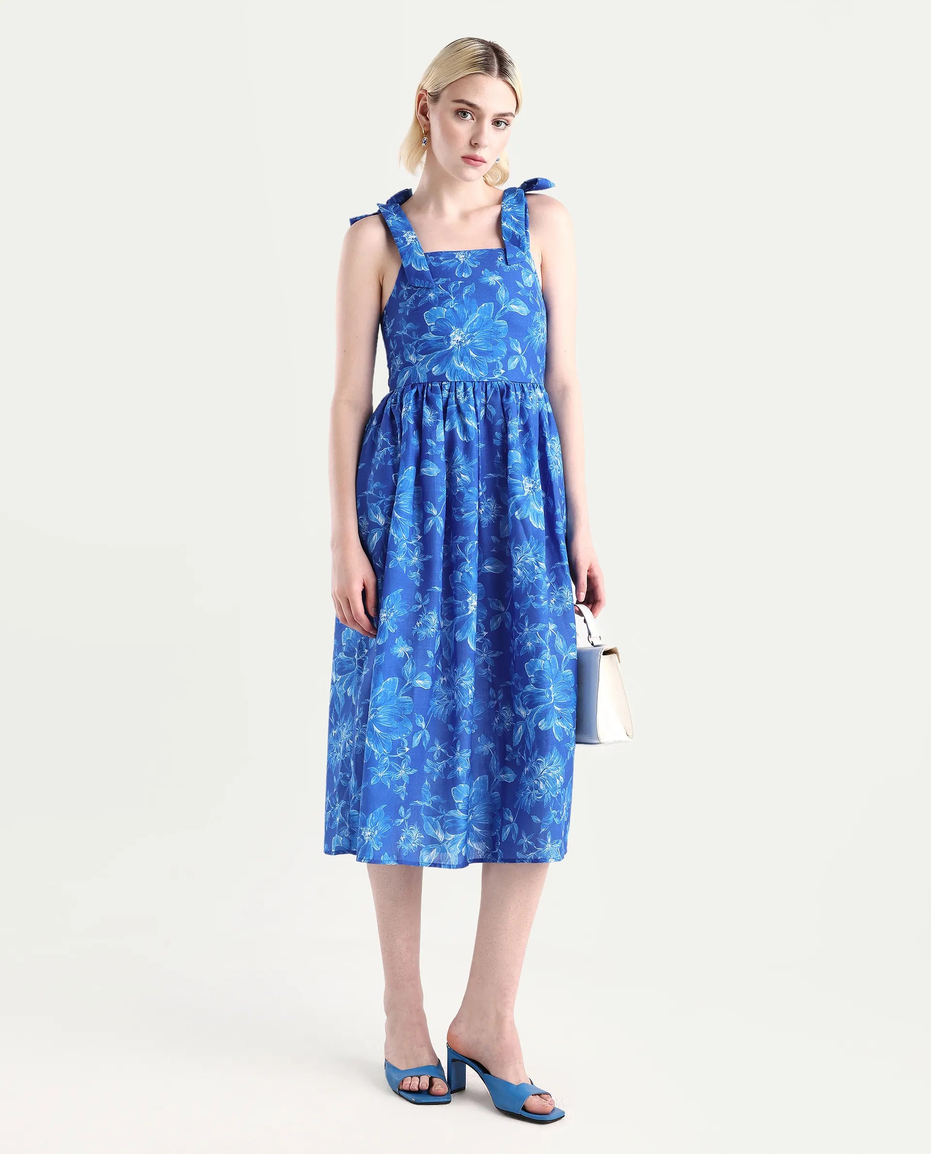 Rareism Women's Natsuki Blue Linen Shoulder Strap Floral Print Shoulder Strap Midi Fit And Flare Dress