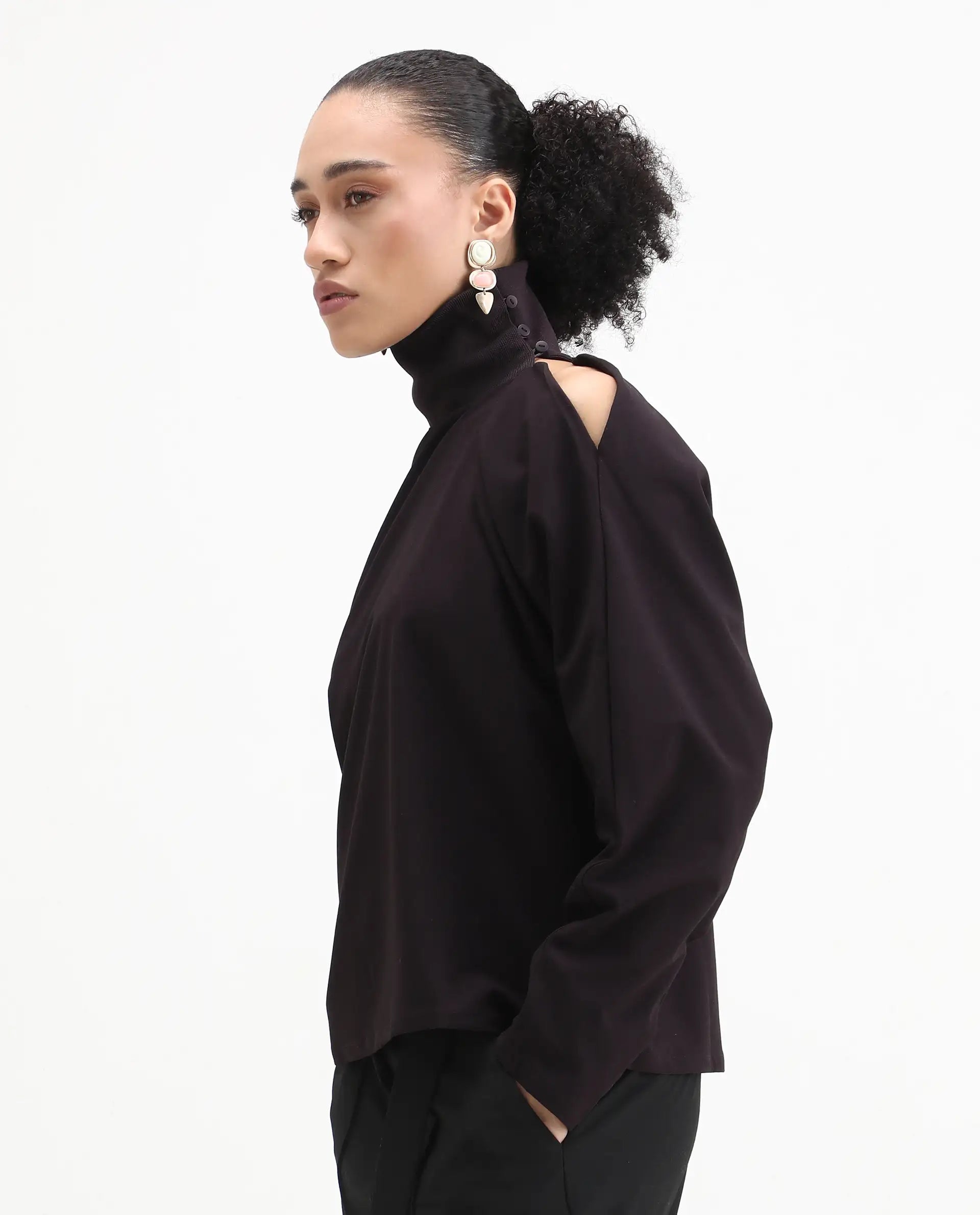 Rareism Women's Natta Rust Polyester Blend High Neck Plain Regular Fit Top