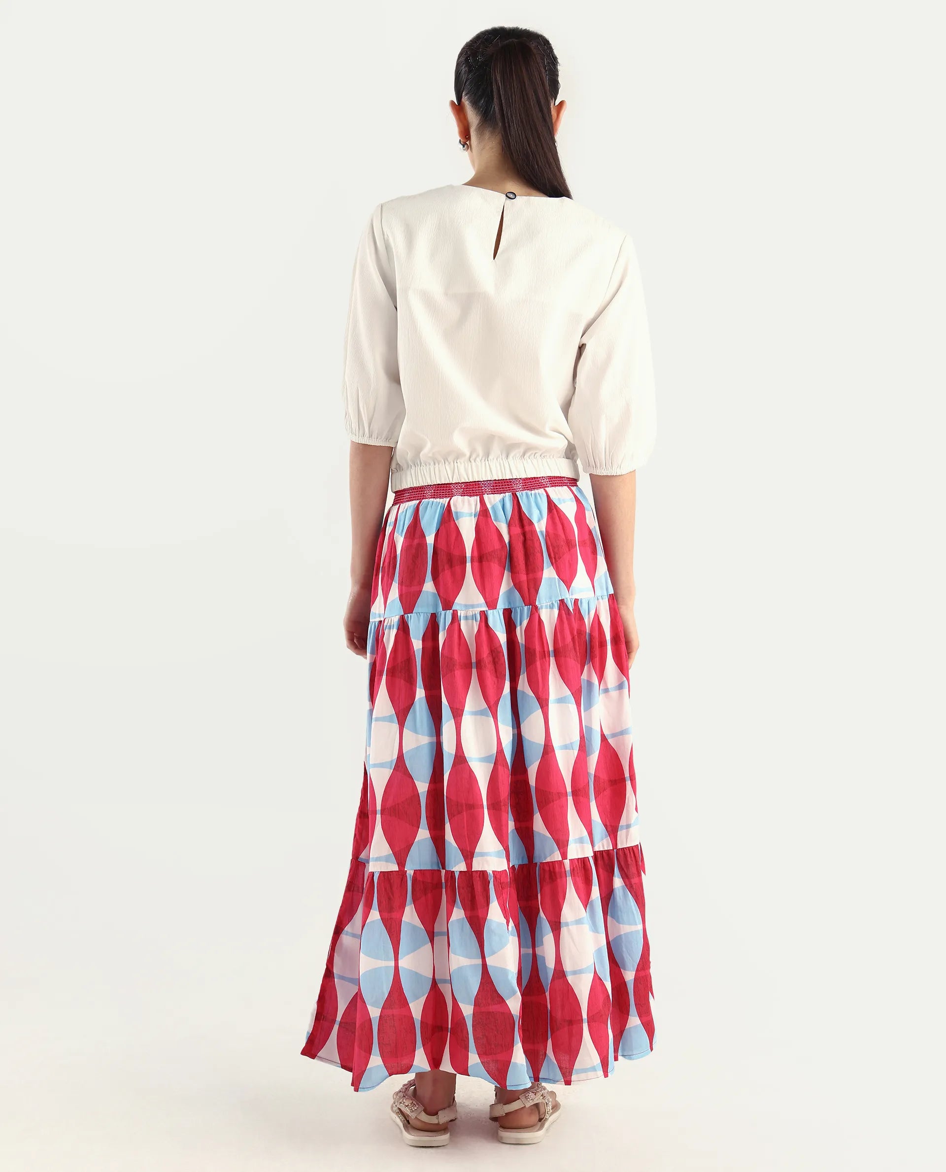 Rareism Women's Naybert Multi Cotton Geometric Print Ankle Length Flared Skirt