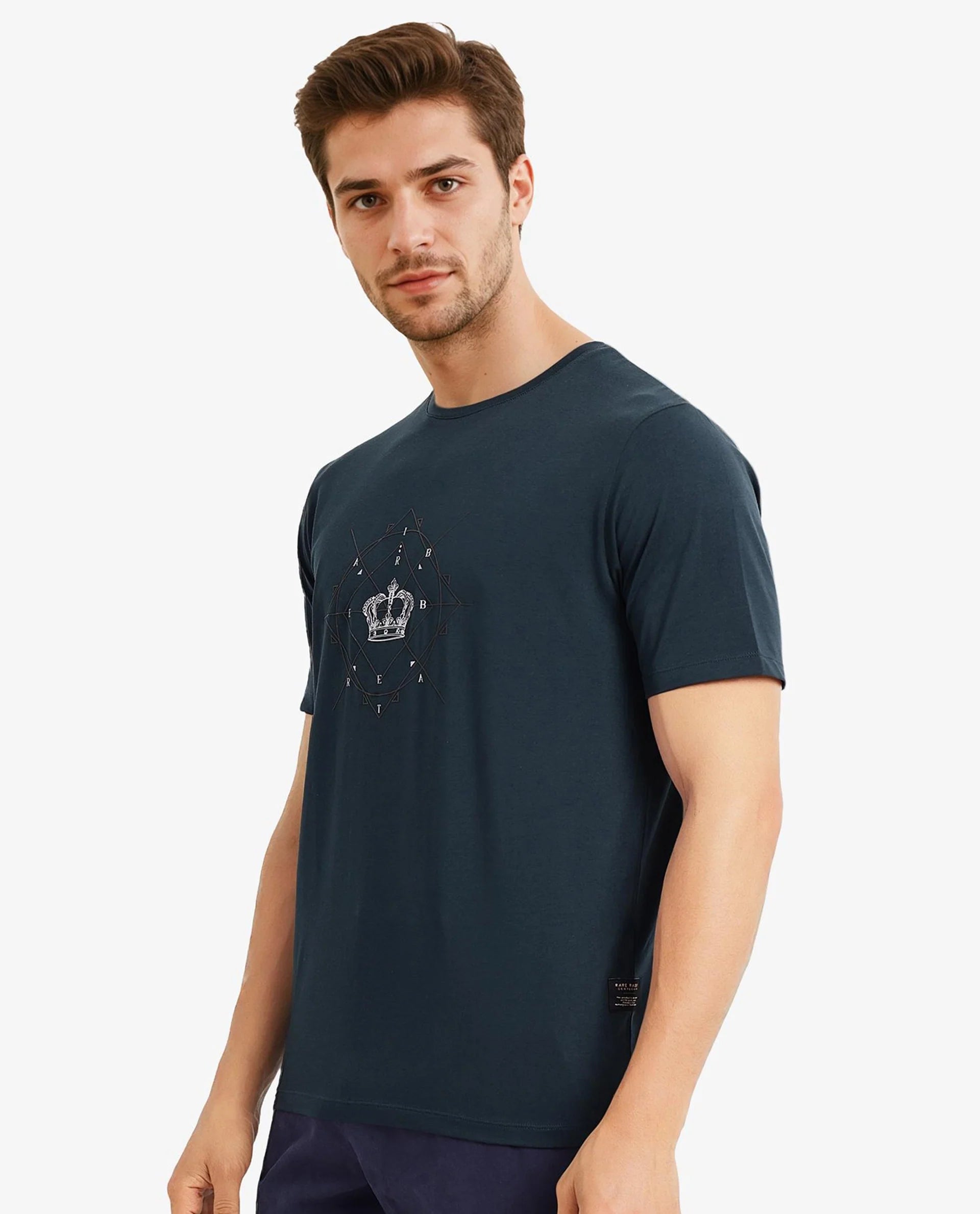 Rare Rabbit Men Naz Dark Green Cotton Lycra Fabric Short Sleeve Crew Neck Regular Fit Graphic Print T-Shirt