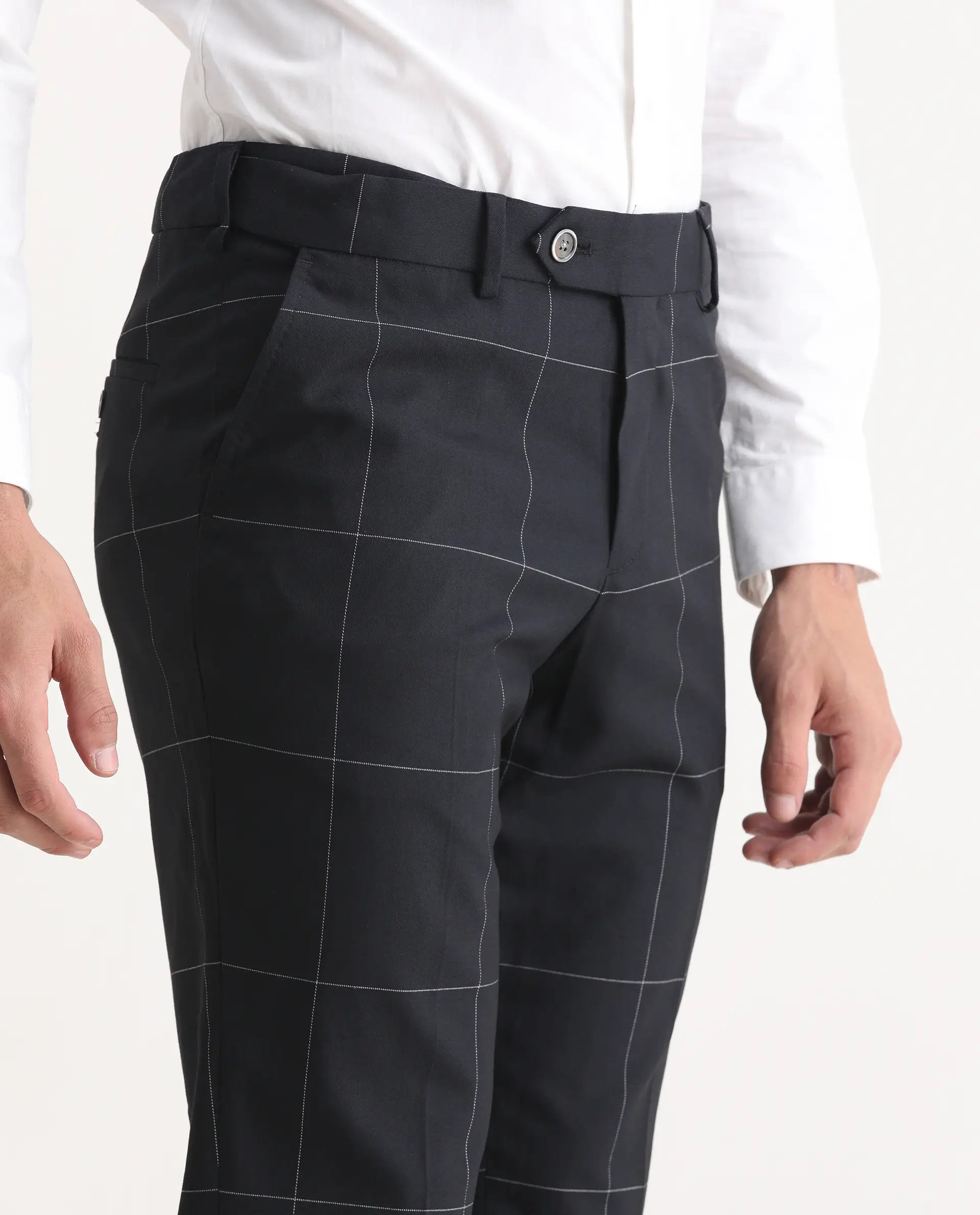 Rare Rabbit Men's Tim Navy Polyester Checked Print Tailored Fit Full Sleeve Lapel Neck Suits