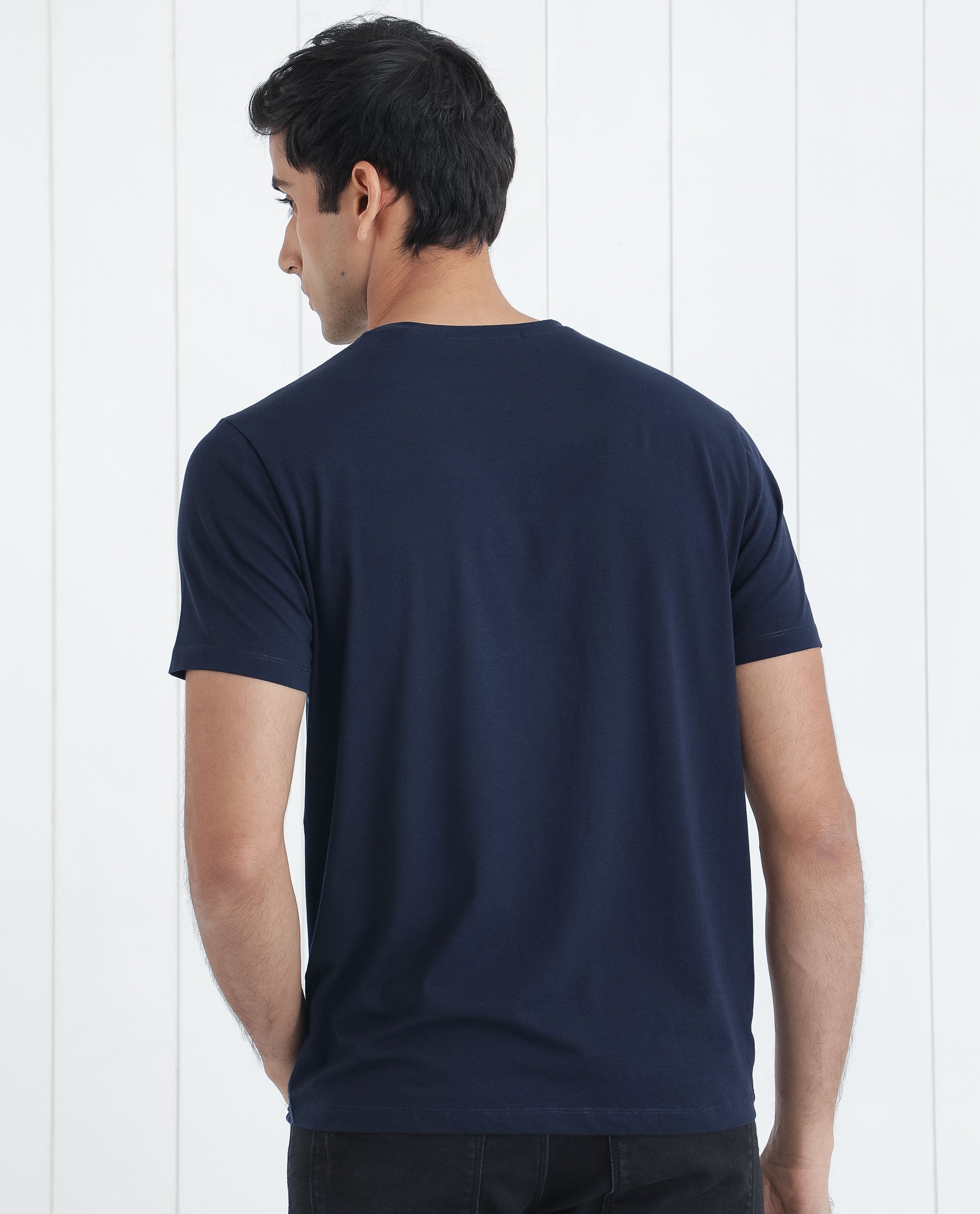 Rare Rabbit Men's Neary Navy Crew Neck Graphic Print Branding Half Sleeve Regular Fit T-Shirt