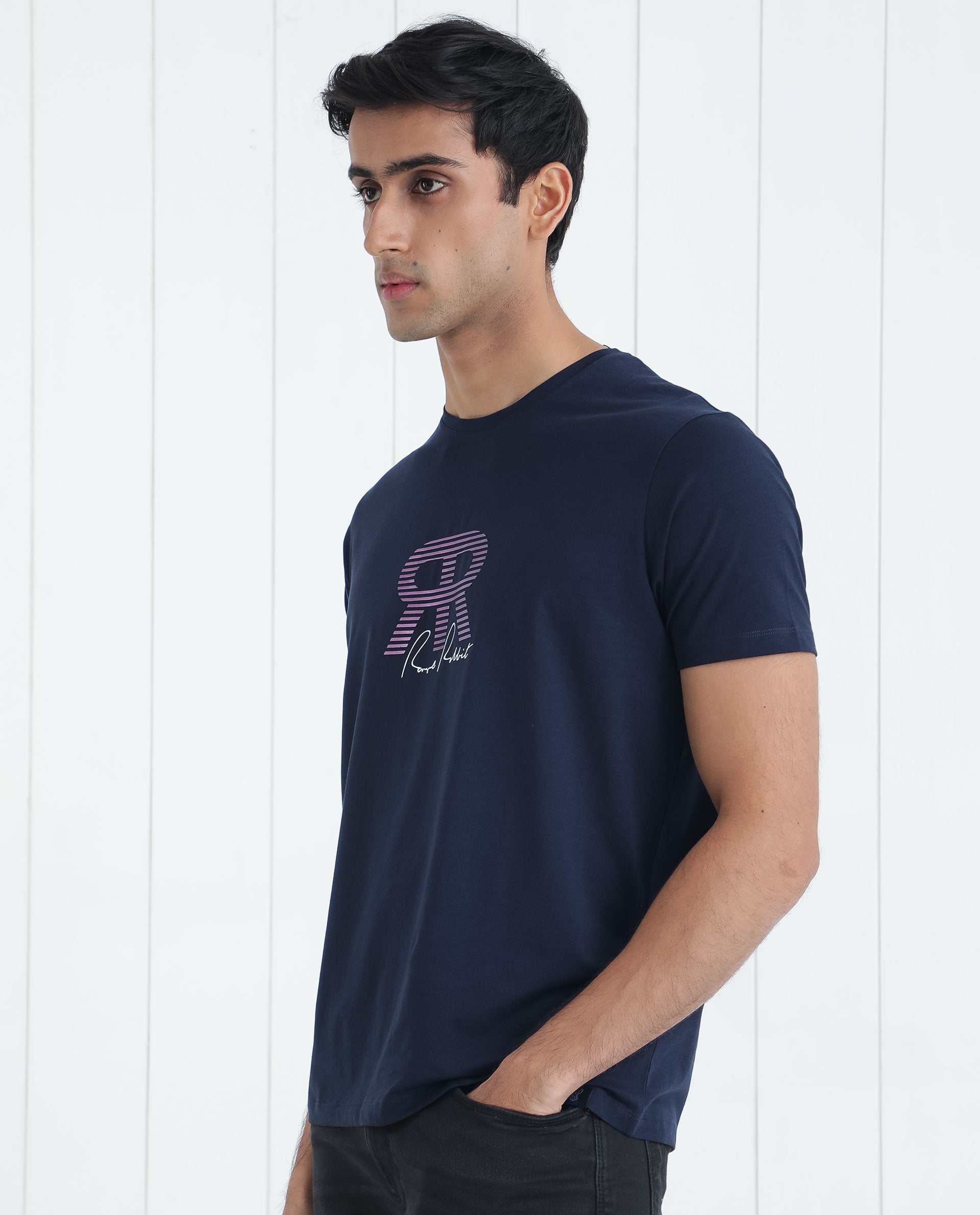 Rare Rabbit Men's Neary Navy Crew Neck Graphic Print Branding Half Sleeve Regular Fit T-Shirt