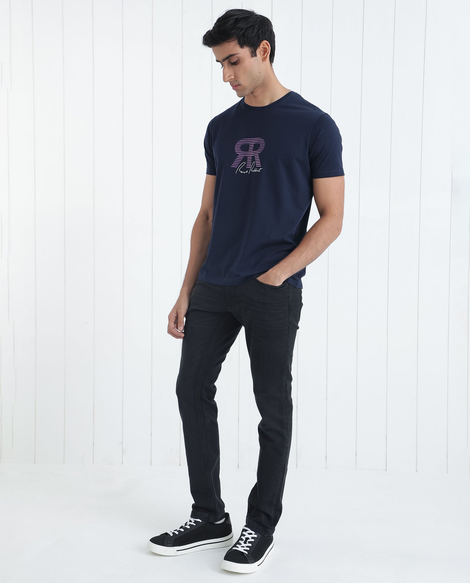 Rare Rabbit Men's Neary Navy Crew Neck Graphic Print Branding Half Sleeve Regular Fit T-Shirt