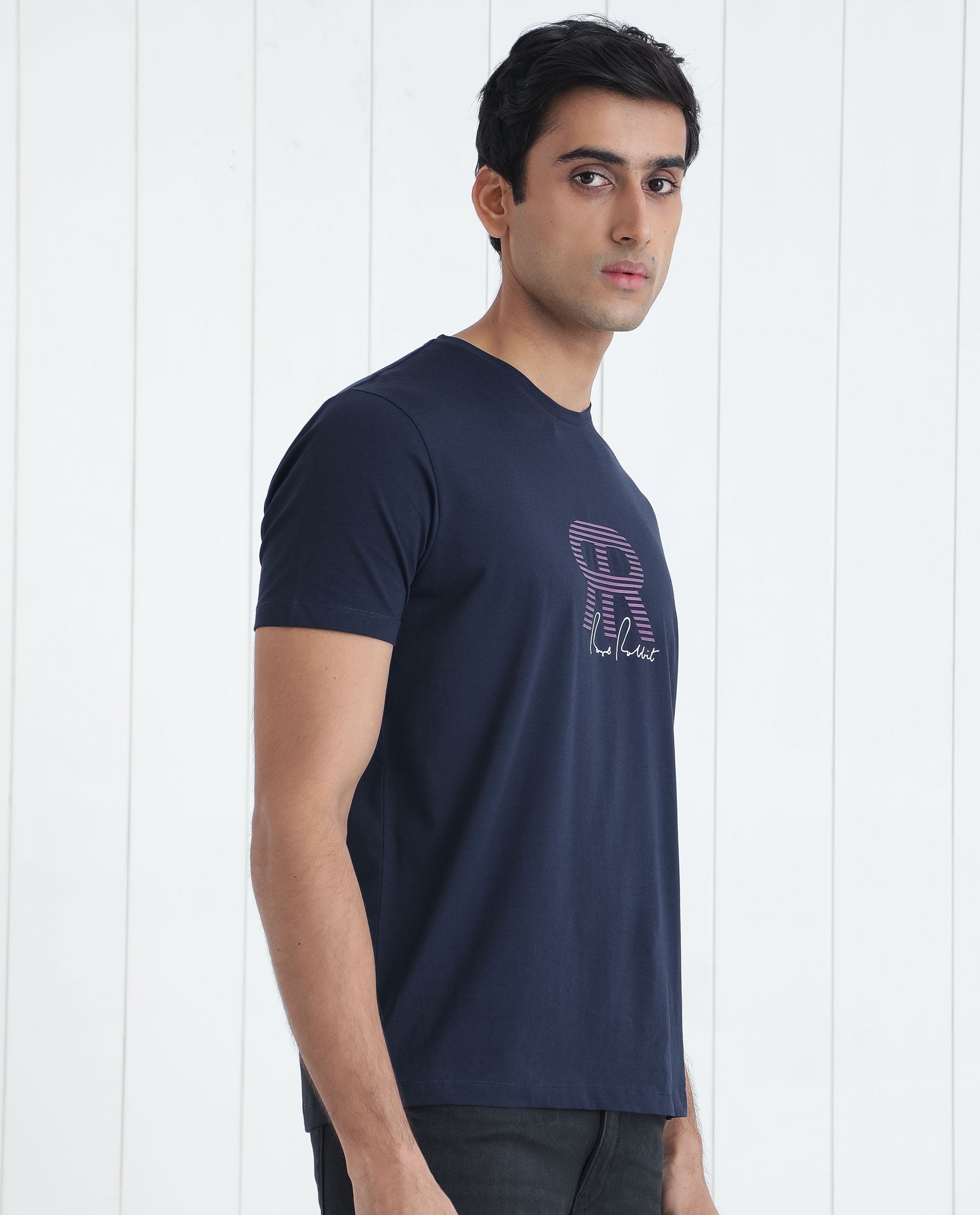 Rare Rabbit Men's Neary Navy Crew Neck Graphic Print Branding Half Sleeve Regular Fit T-Shirt