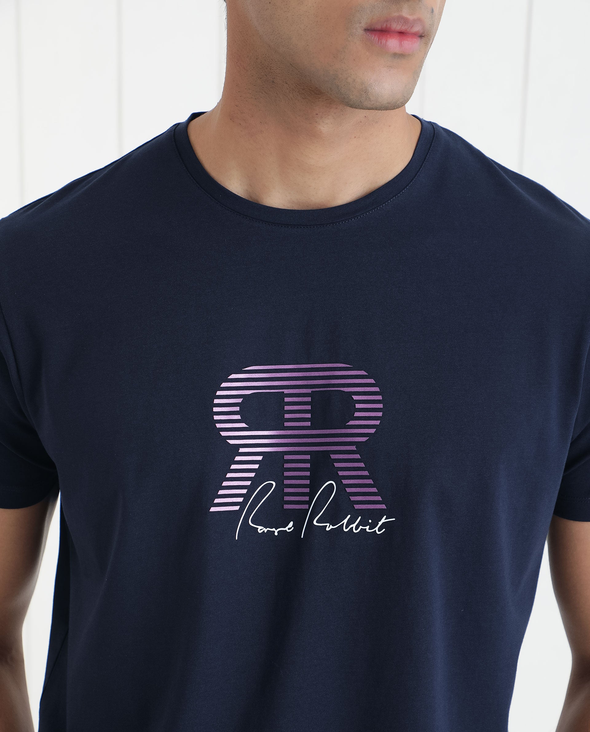 Rare Rabbit Men's Neary Navy Crew Neck Graphic Print Branding Half Sleeve Regular Fit T-Shirt