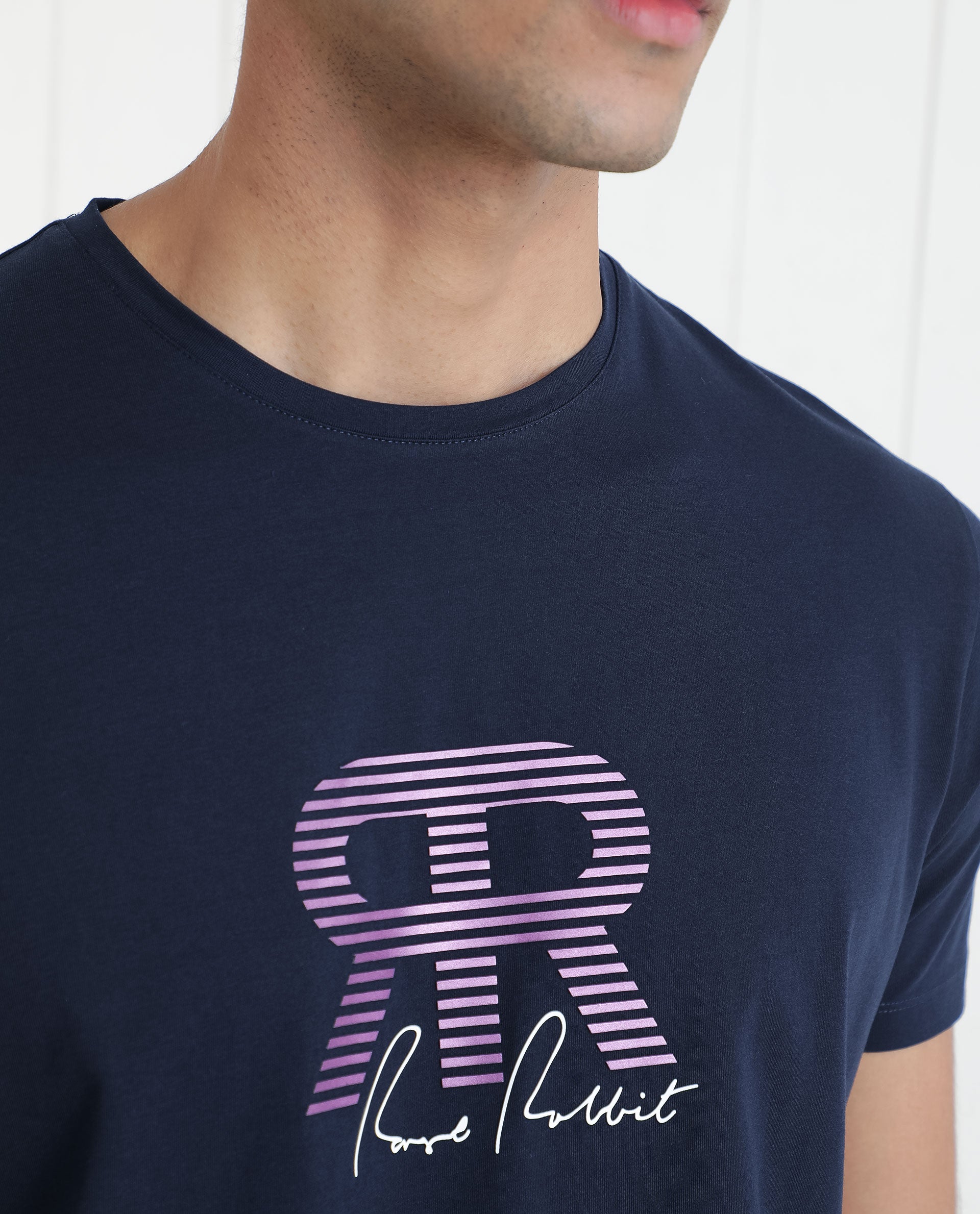 Rare Rabbit Men's Neary Navy Crew Neck Graphic Print Branding Half Sleeve Regular Fit T-Shirt