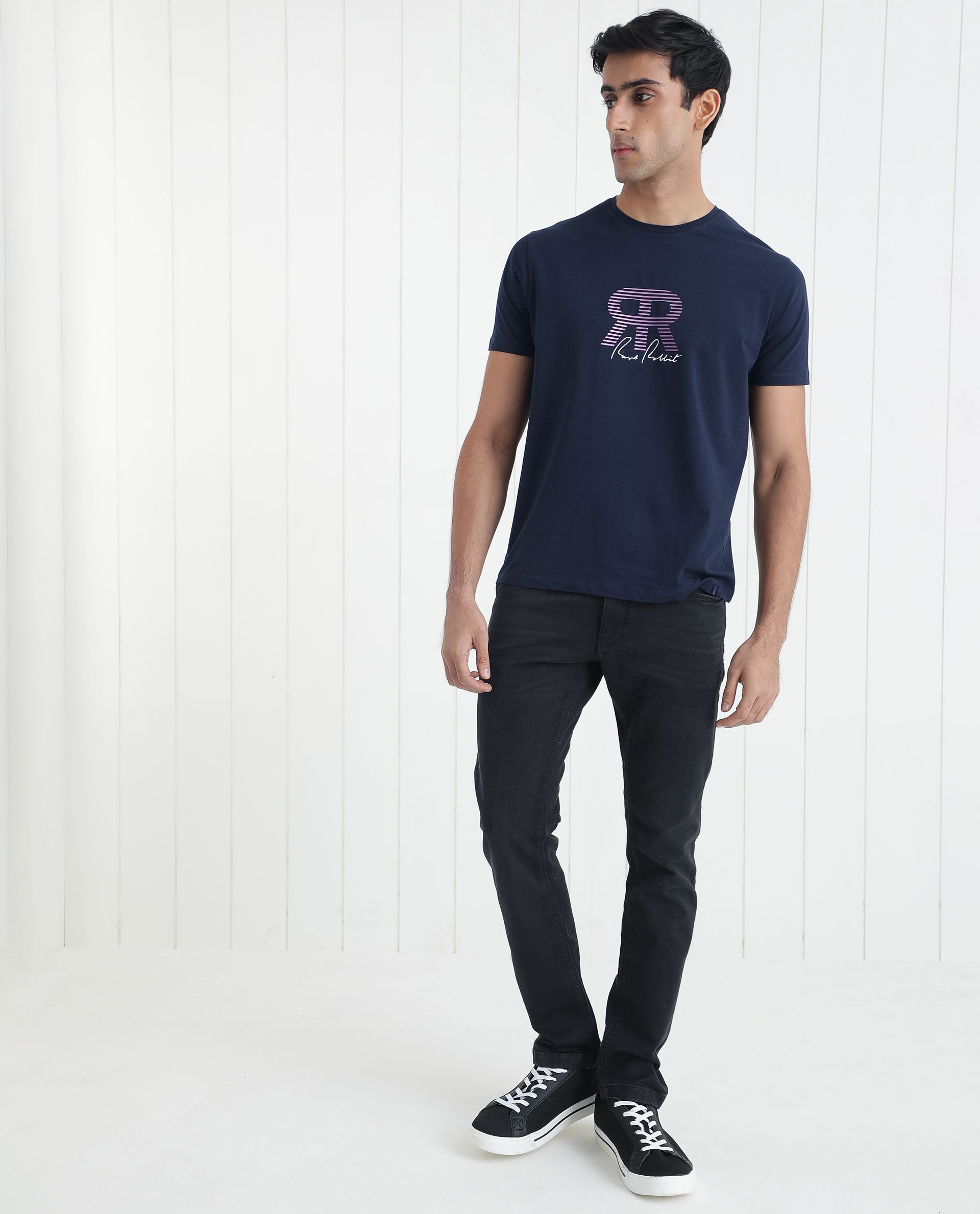 Rare Rabbit Men's Neary Navy Crew Neck Graphic Print Branding Half Sleeve Regular Fit T-Shirt