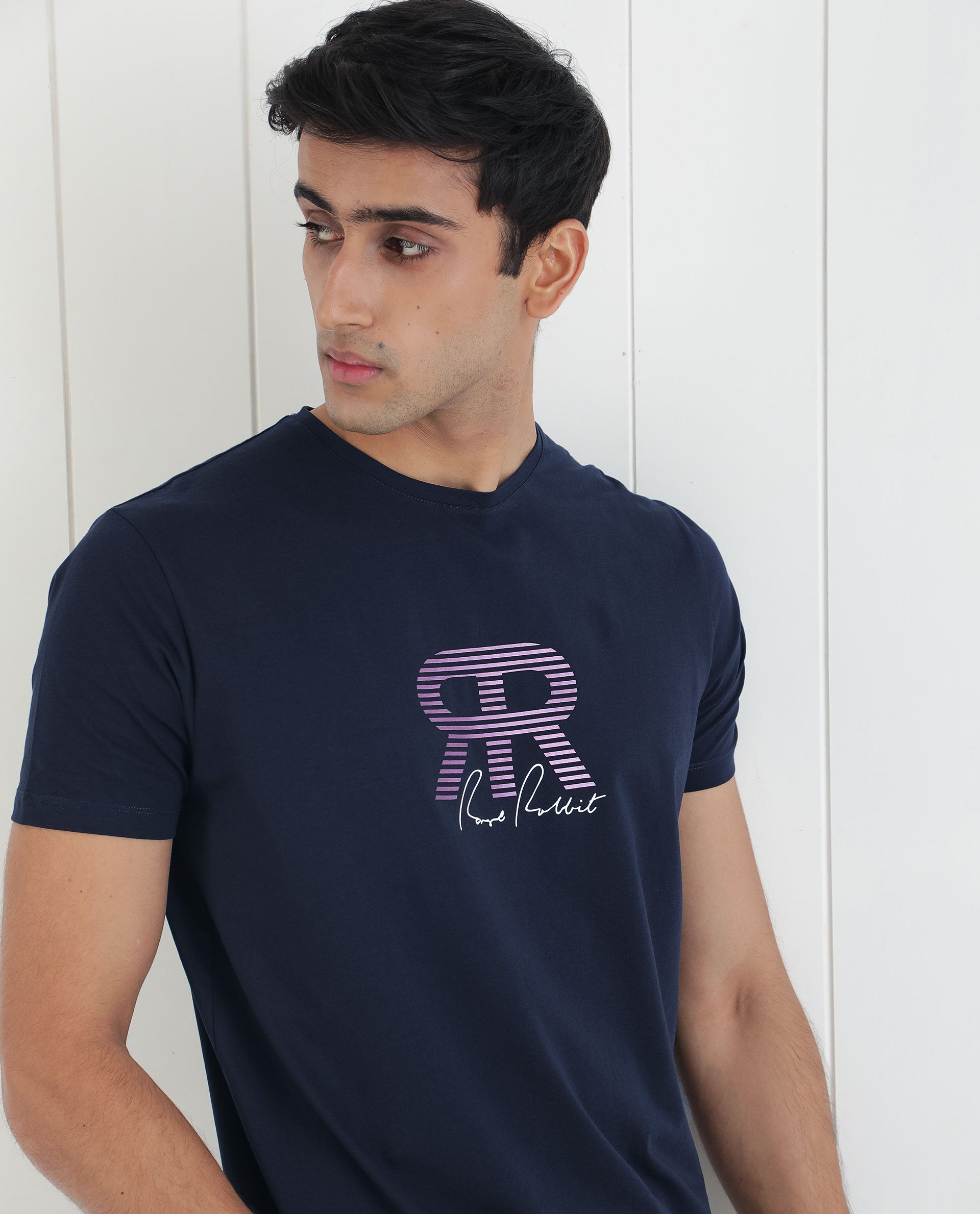 Rare Rabbit Men's Neary Navy Crew Neck Graphic Print Branding Half Sleeve Regular Fit T-Shirt