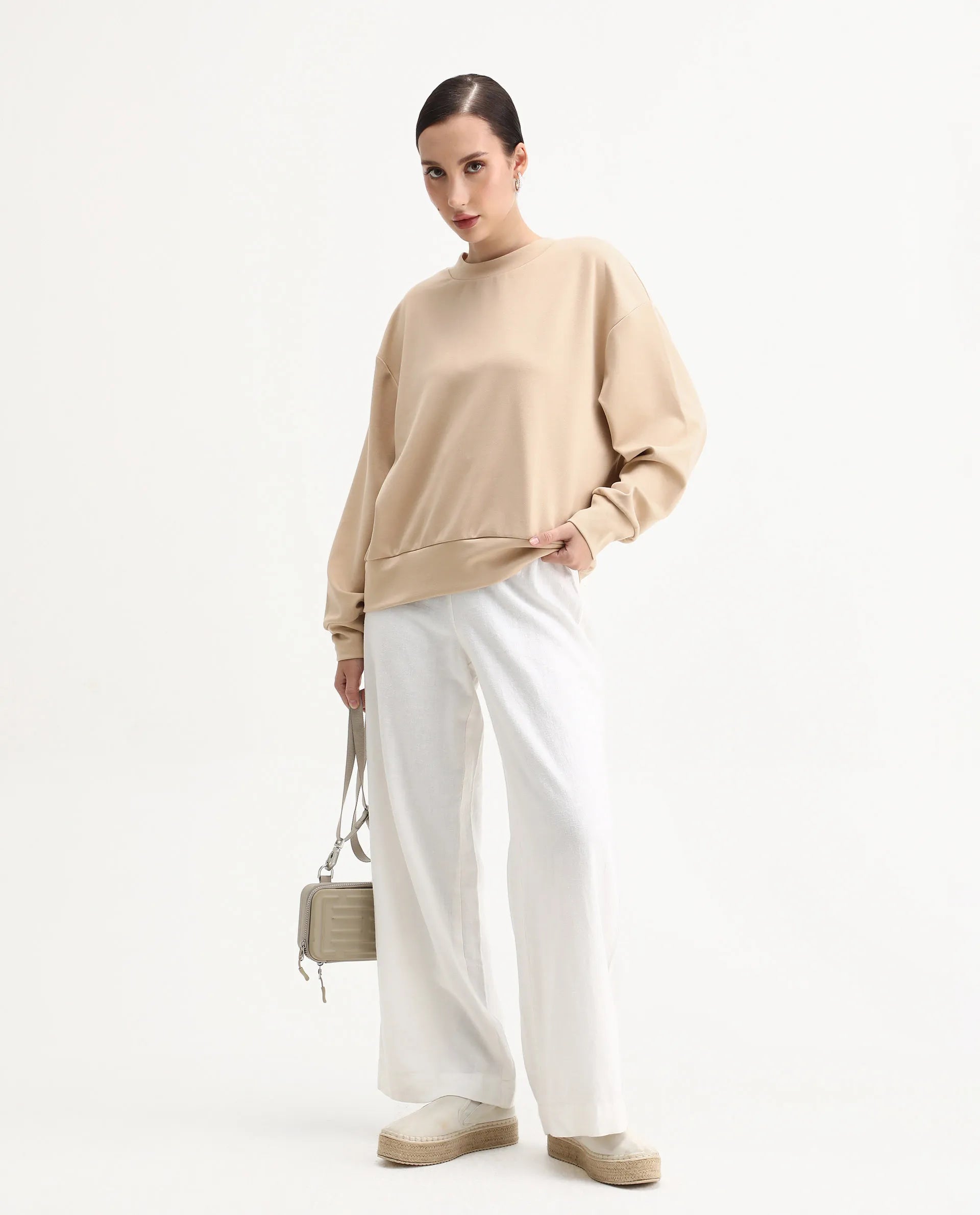 Rareism Women's Nebo Beige Modal Blend Fabric Crew Neck Relaxed Fit Printed Sweatshirt