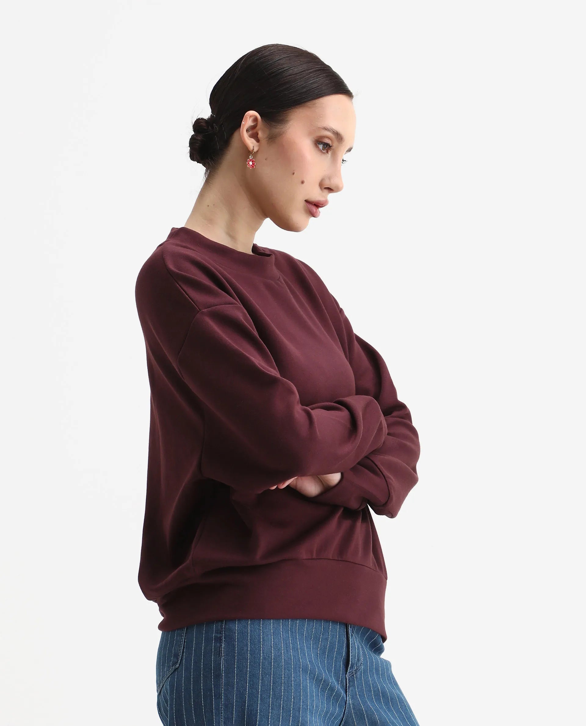 Rareism Women's Nebo Dark Maroon Modal Blend Fabric Crew Neck Relaxed Fit Printed Sweatshirt