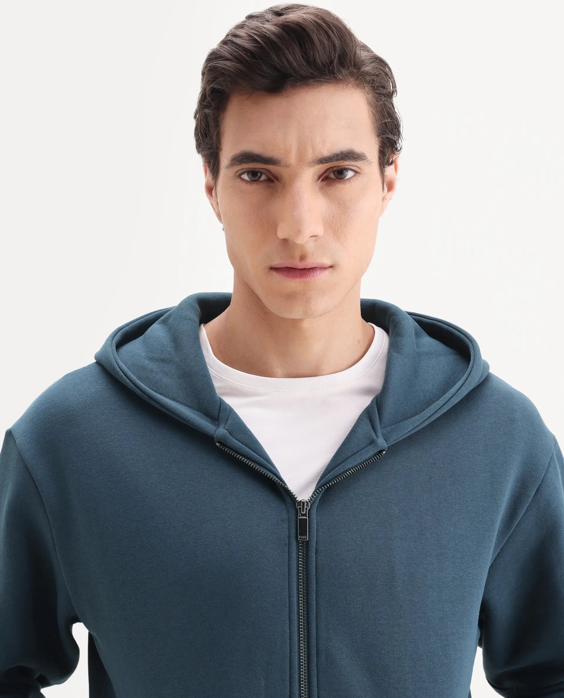 Rare Rabbit Men's Nedon Dark Teal Cotton Blend Fabric Full Sleeves Hooded Zipper Closure Typography Print Sweatshirt