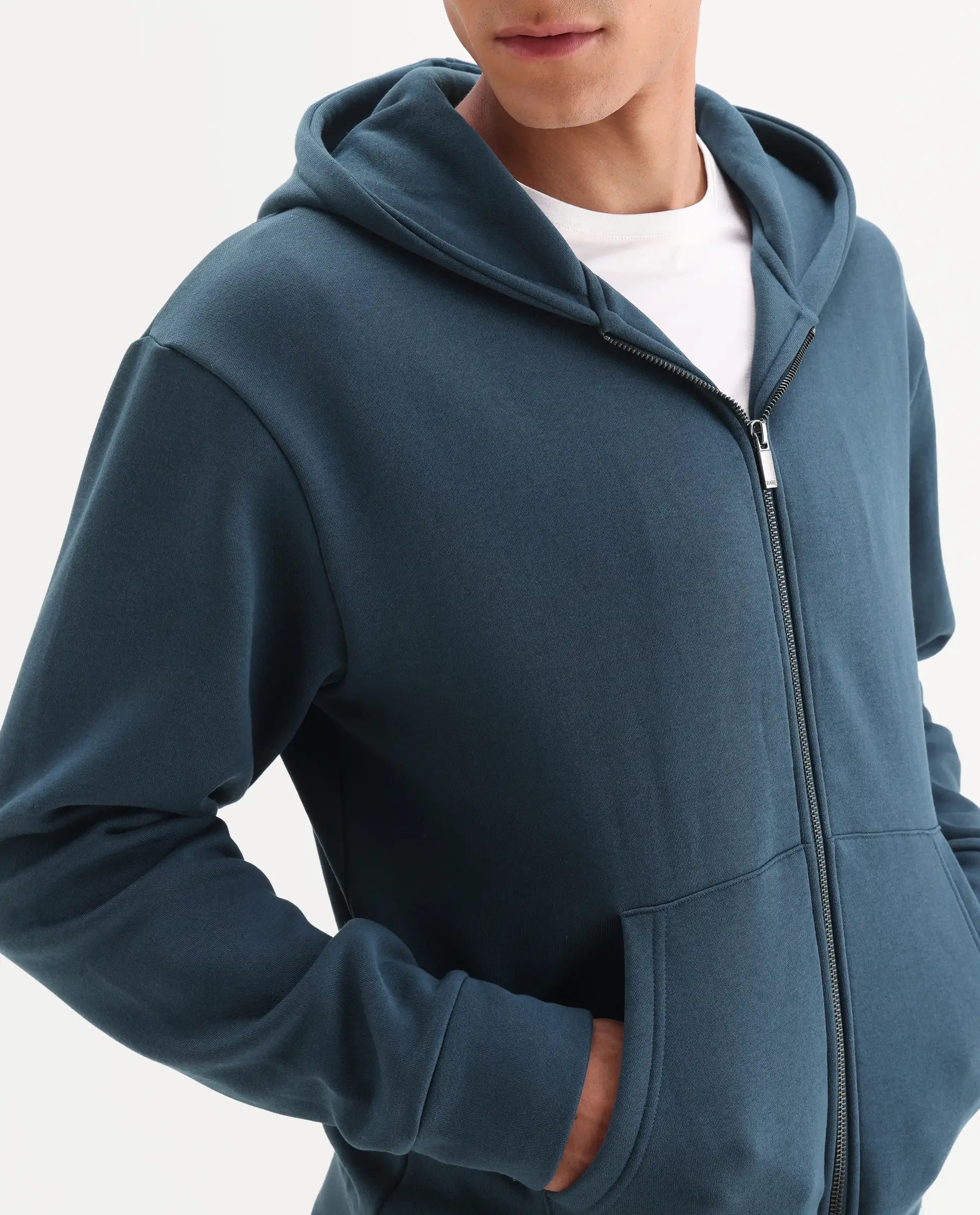 Rare Rabbit Men's Nedon Dark Teal Cotton Blend Fabric Full Sleeves Hooded Zipper Closure Typography Print Sweatshirt